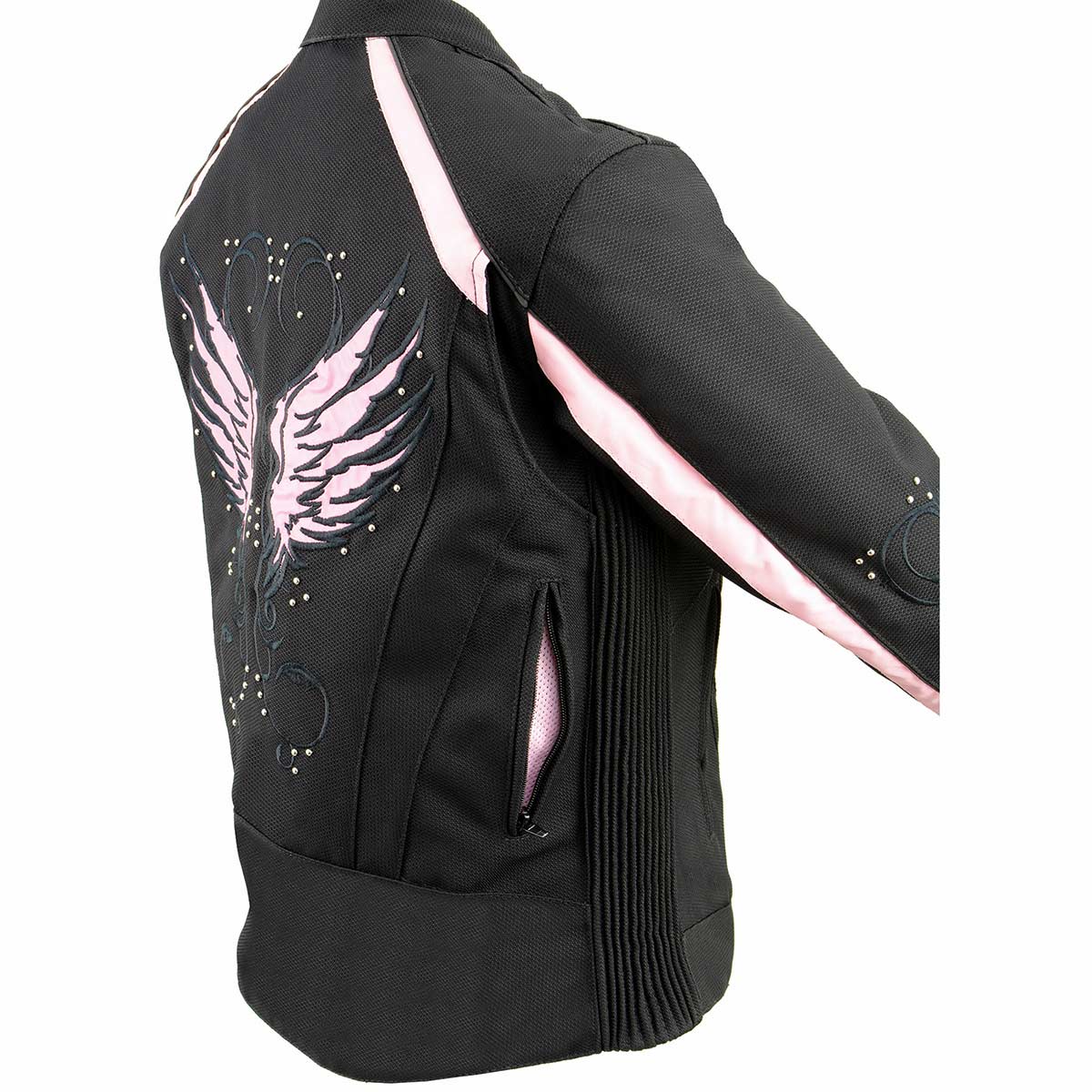 SH1954 Women's Black and Pink Textile Jacket with Stud and Wings Detailing