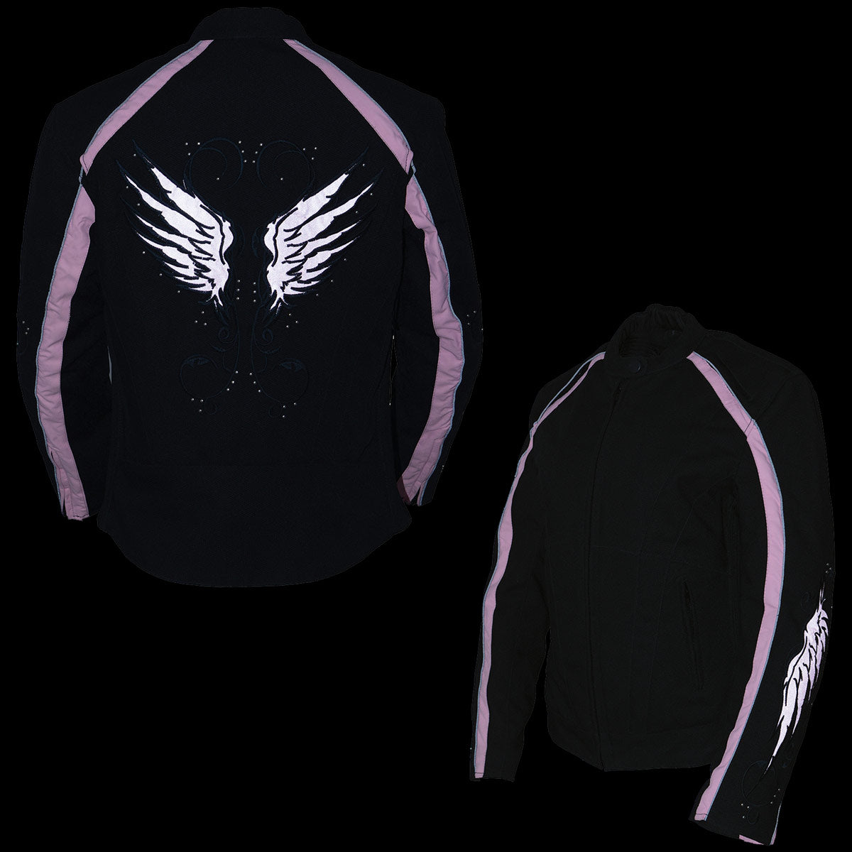 SH1954 Women's Black and Pink Textile Jacket with Stud and Wings Detailing