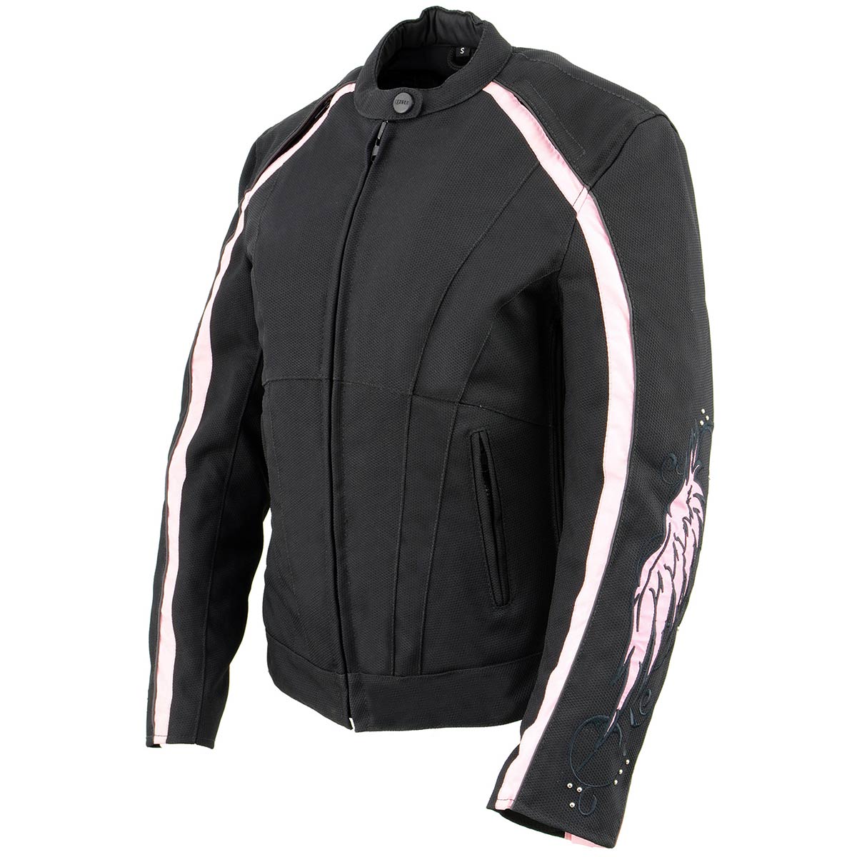 SH1954 Women's Black and Pink Textile Jacket with Stud and Wings Detailing