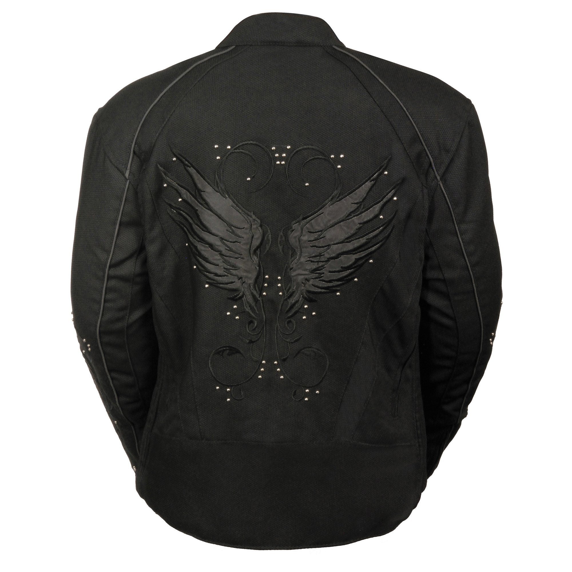 SH1954 Women's Black Textile Jacket with Stud and Wings Detailing