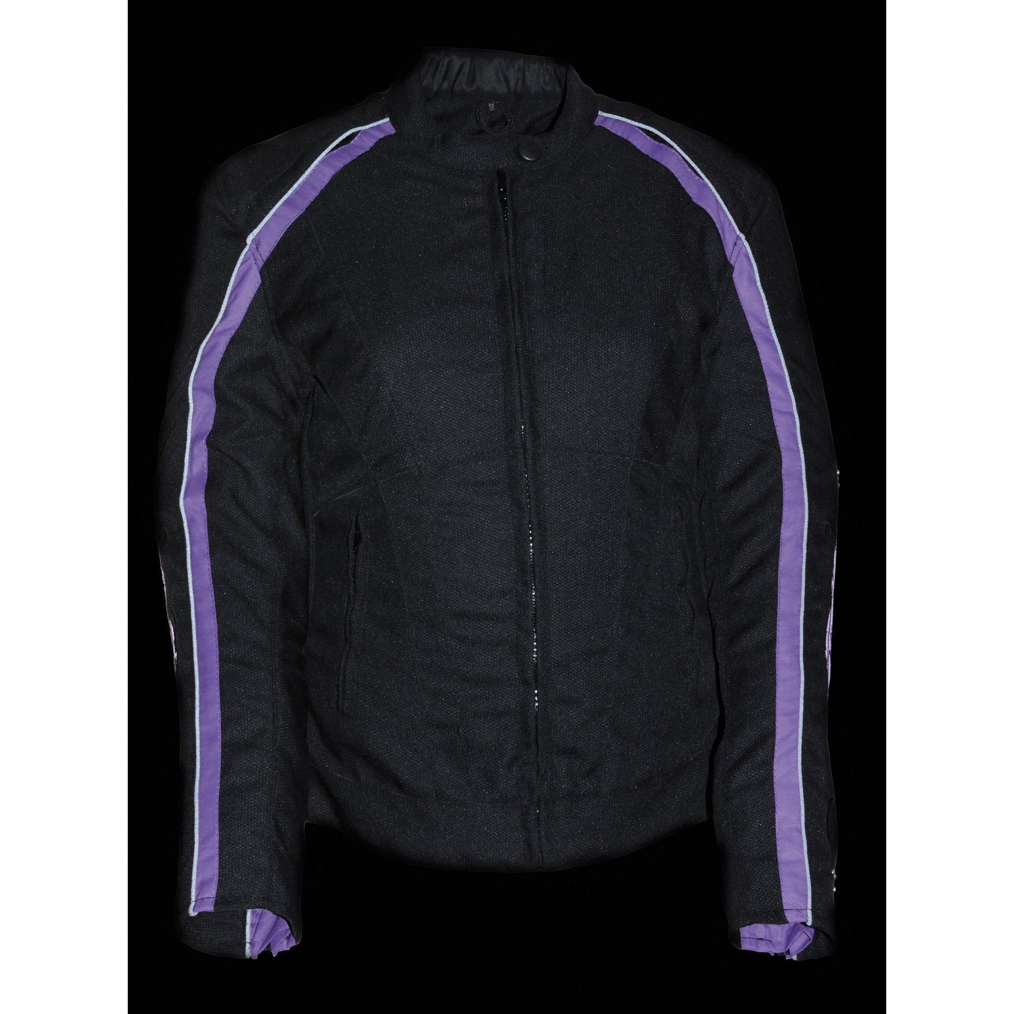 SH1954 Women's Black and Purple Textile Jacket with Stud and Wings Detailing