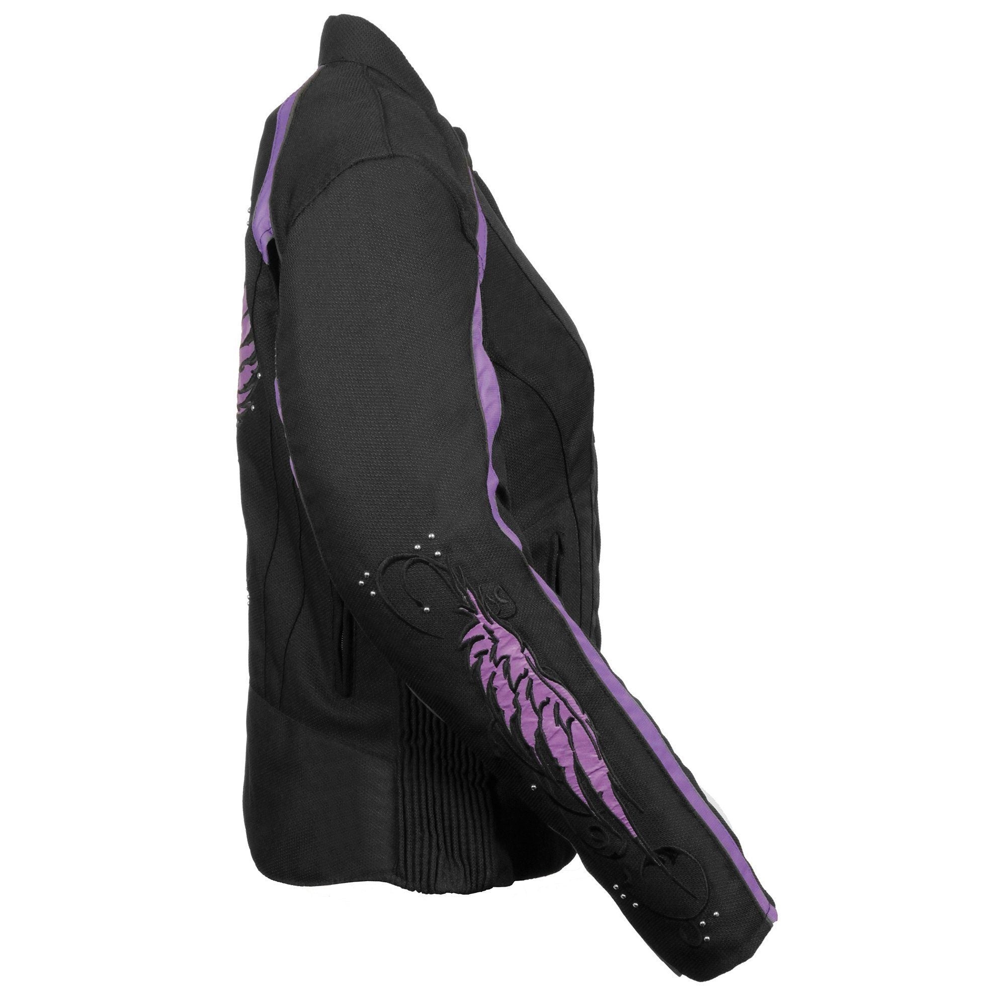 SH1954 Women's Black and Purple Textile Jacket with Stud and Wings Detailing