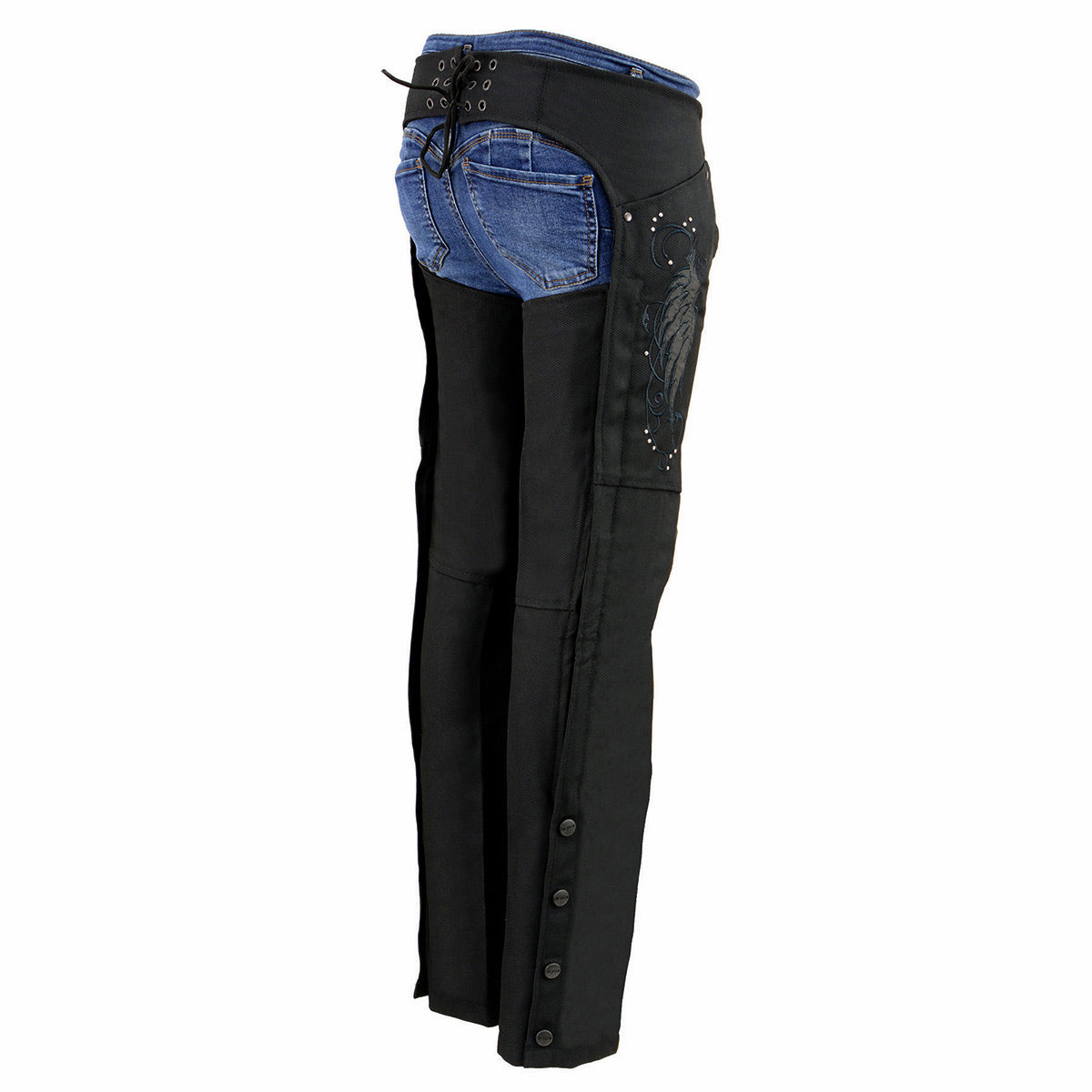 SH1956 Women's 'Winged' Solid Black Textile Chaps