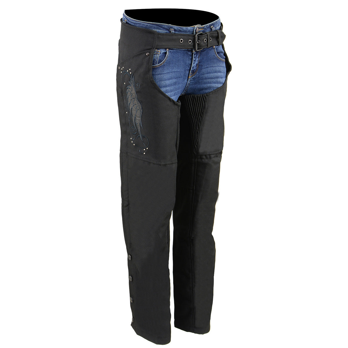 SH1956 Women's 'Winged' Solid Black Textile Chaps