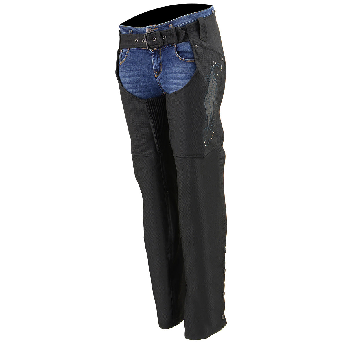 SH1956 Women's 'Winged' Solid Black Textile Chaps