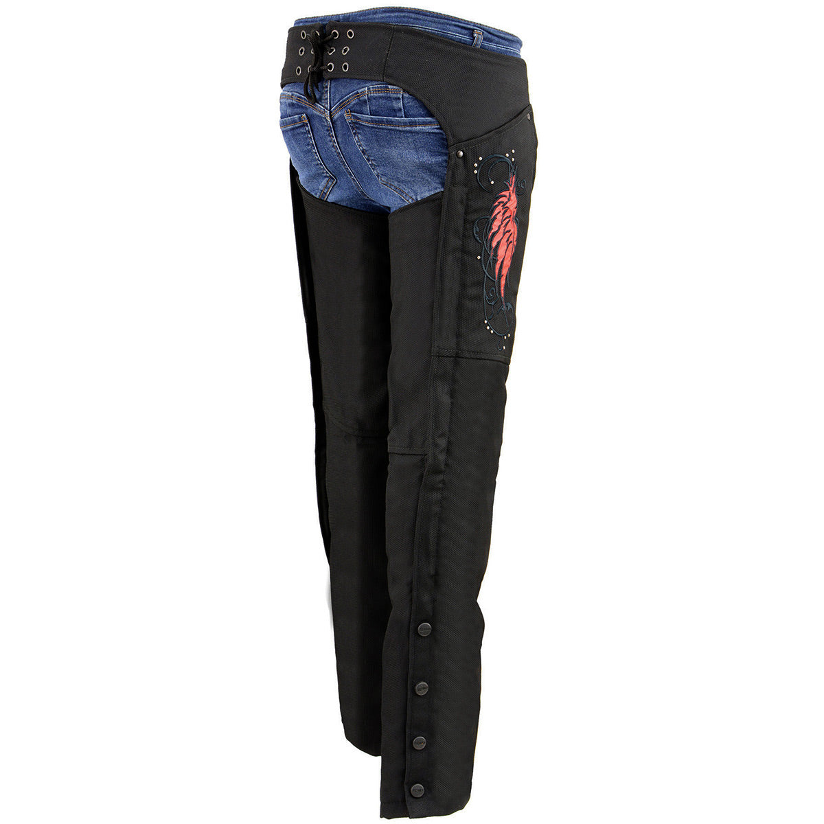 SH1956 Women's 'Winged' Black and Red Textile Chaps