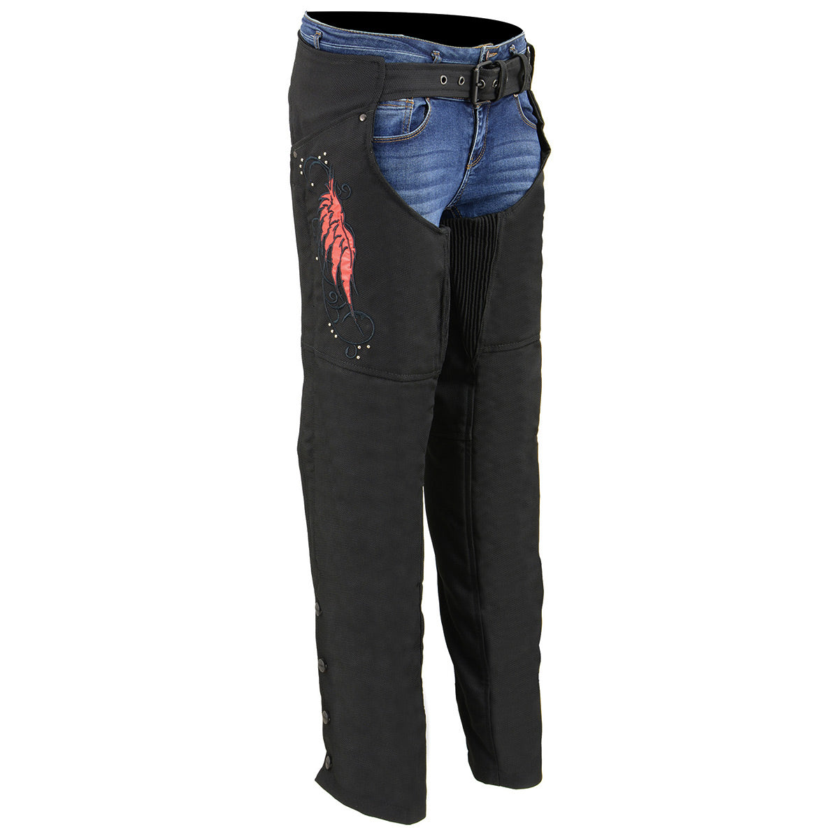 SH1956 Women's 'Winged' Black and Red Textile Chaps