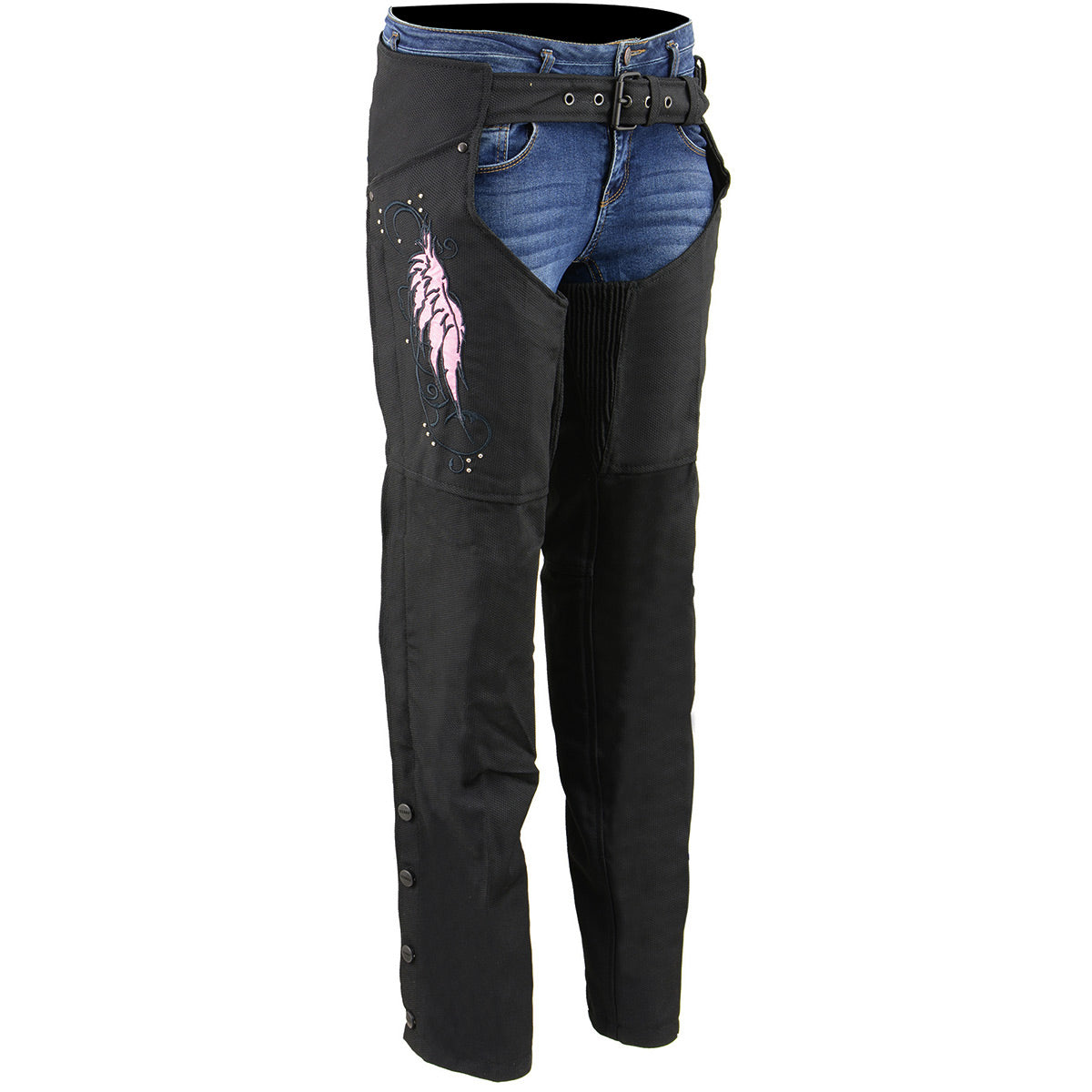 SH1956 Women's 'Winged' Black and Pink Textile Chaps