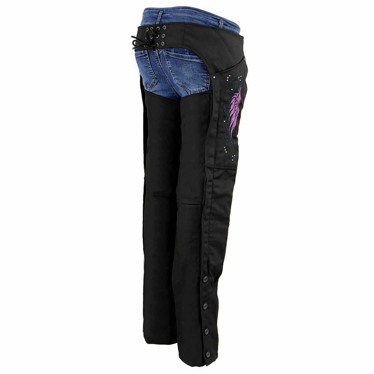 SH1956 Women's 'Winged' Black and Purple Textile Chaps