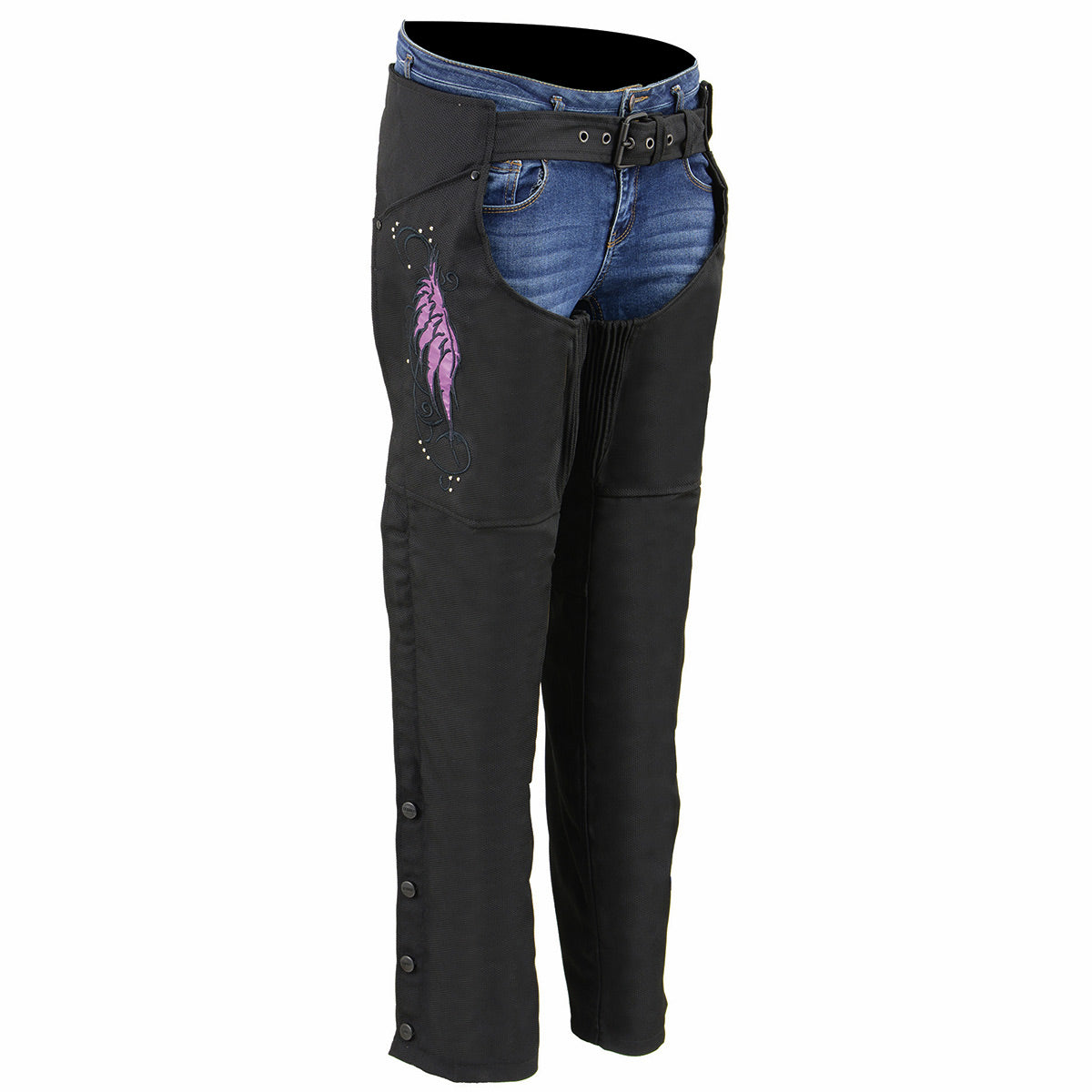 SH1956 Women's 'Winged' Black and Purple Textile Chaps