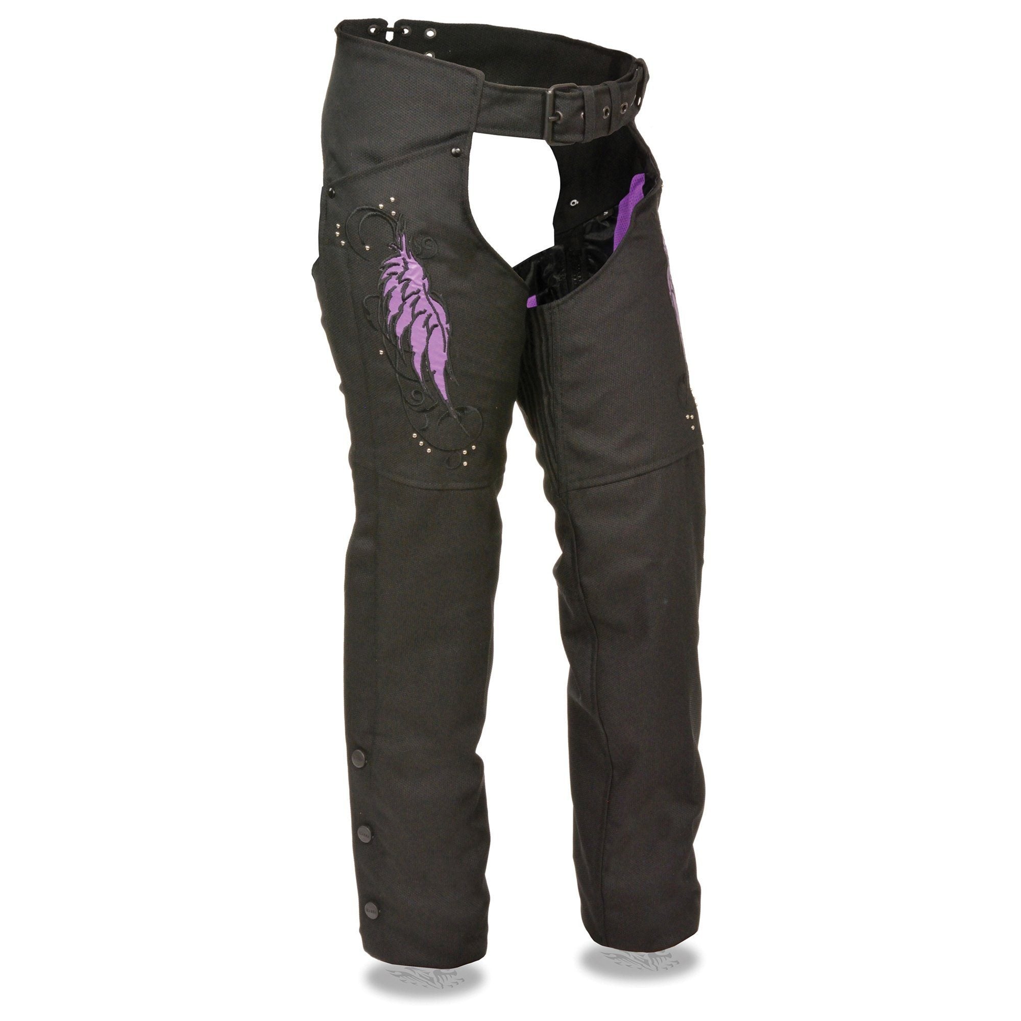 SH1956 Women's 'Winged' Black and Purple Textile Chaps