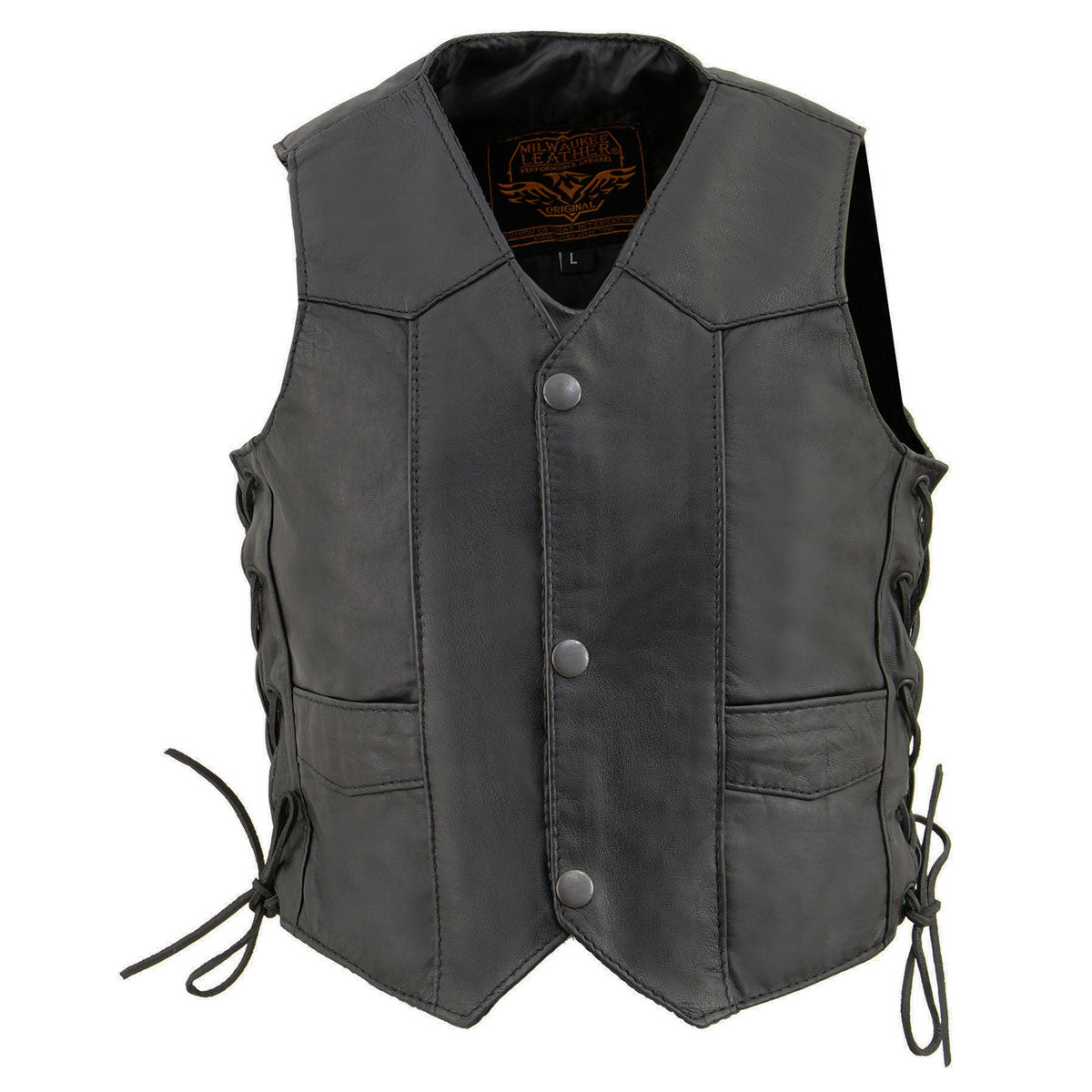 SH2011L Kids Black Classic Side Lace Three Snap Leather Vest