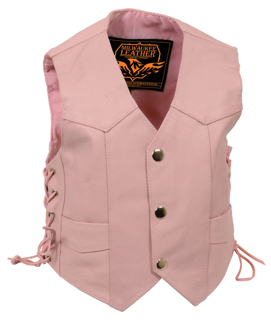 SH2011LPNK Girls Pink Classic Three Snap Leather Vest