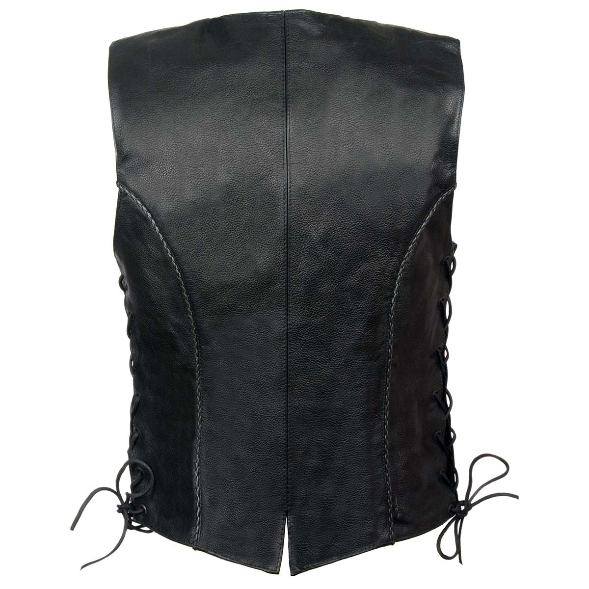 SH2045 Women's Black Thin Braid Leather Side Lace Motorcycle Rider Vest- Front Snap Closure