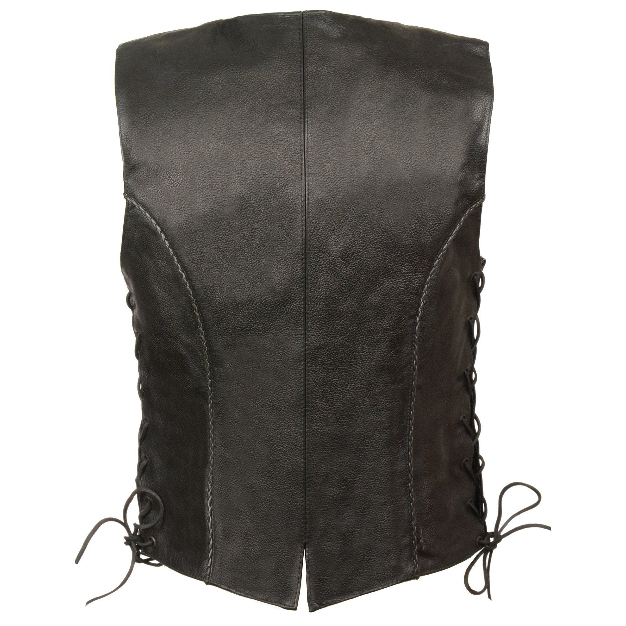 SH2045 Women's Black Thin Braid Leather Side Lace Motorcycle Rider Vest- Front Snap Closure