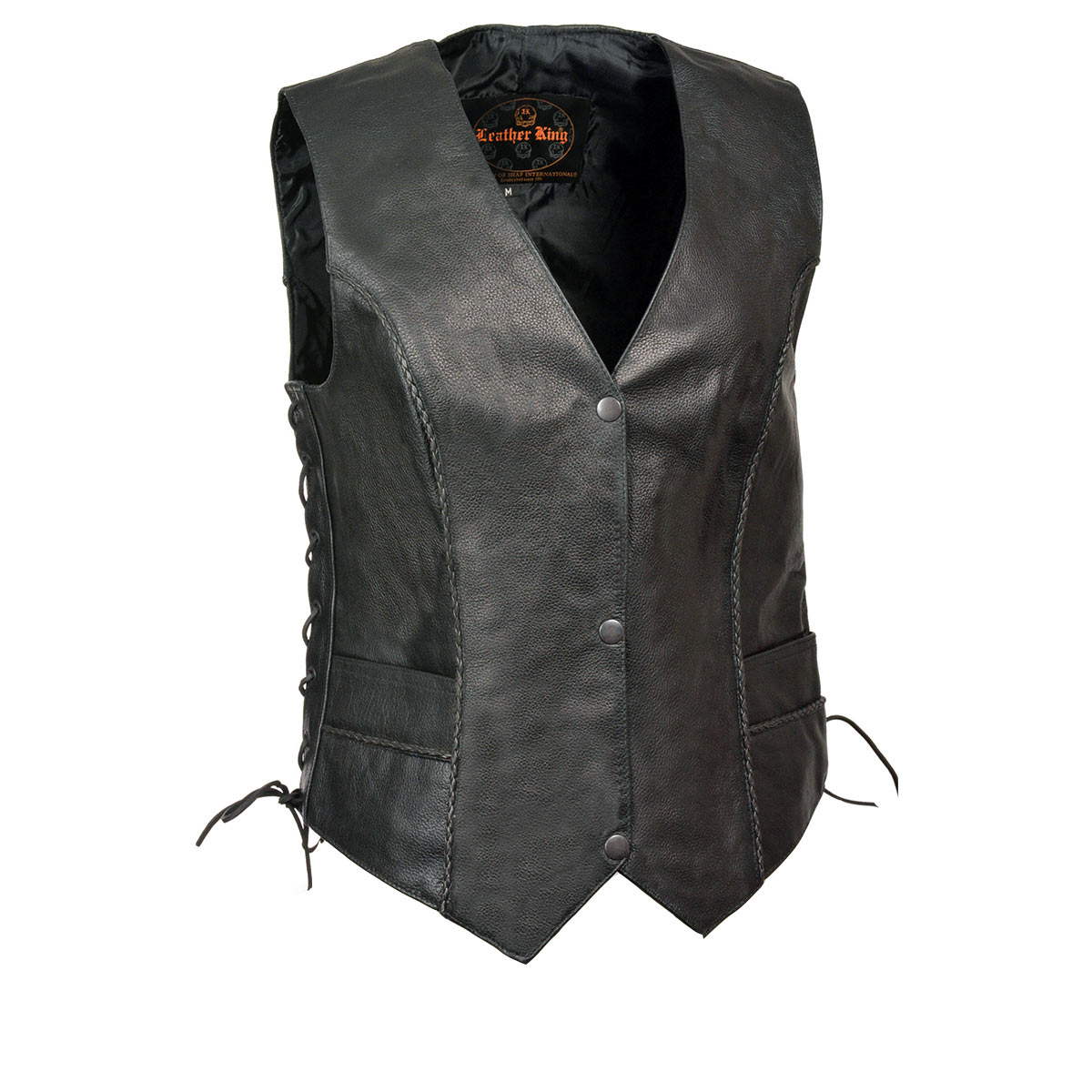 SH2045 Women's Black Thin Braid Leather Side Lace Motorcycle Rider Vest- Front Snap Closure
