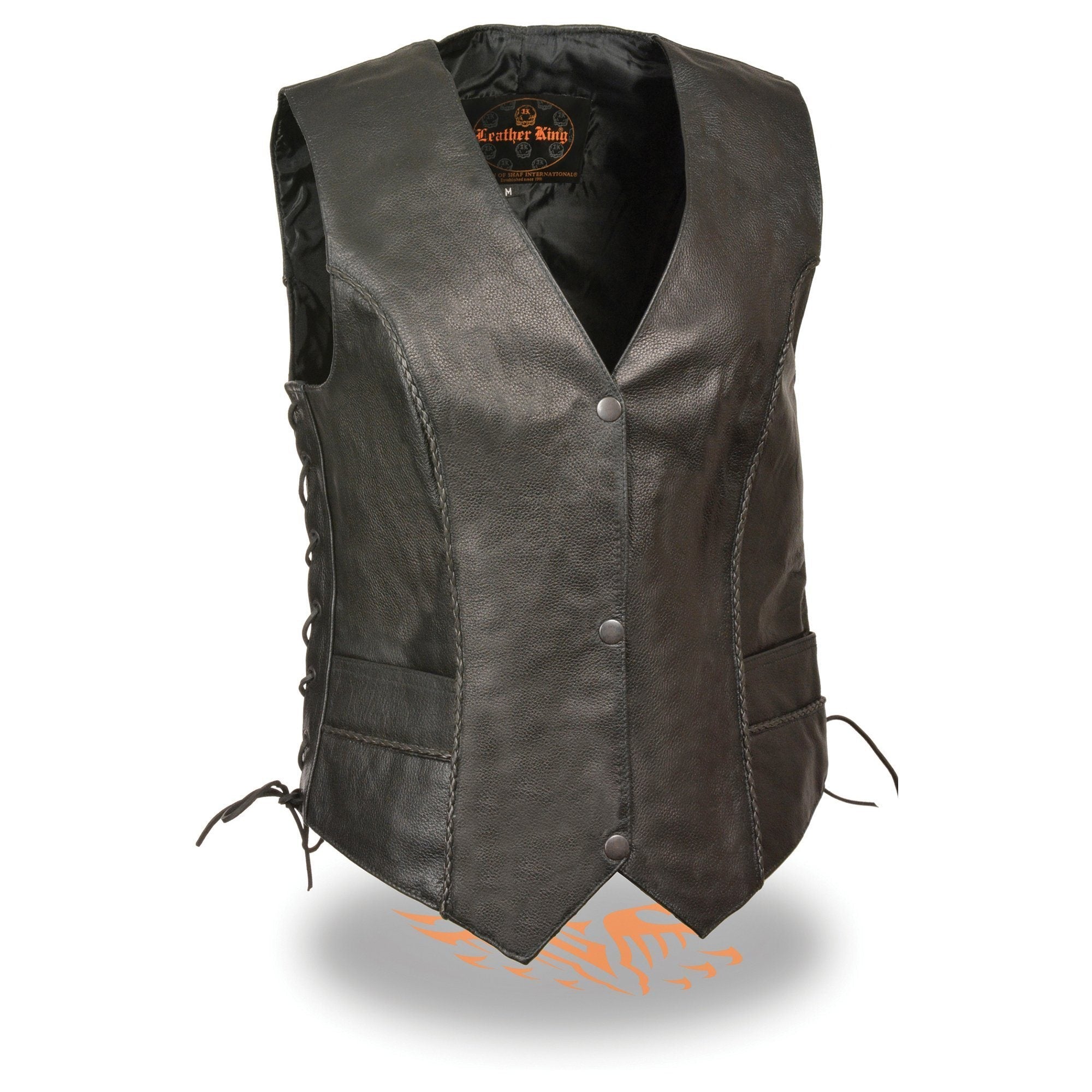 SH2045 Women's Black Thin Braid Leather Side Lace Motorcycle Rider Vest- Front Snap Closure