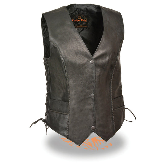 SH2045 Women's Black Thin Braid Leather Side Lace Motorcycle Rider Vest- Front Snap Closure