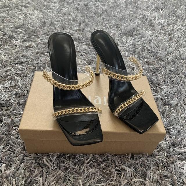Summer Women Sandals Square Toe Ladies Heel Clear Transparent High Heels Slippers Fashion Chain Woman Open Toe Slip On Dress Luxury Party Backless Slides High Heels Slipper