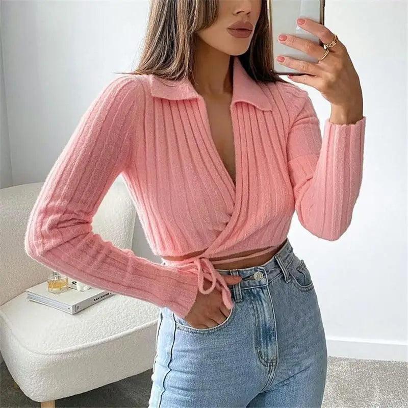 Unique Design Women's Sweater Solid Cross V-Neck Lace Up Bow Jumpers L ...