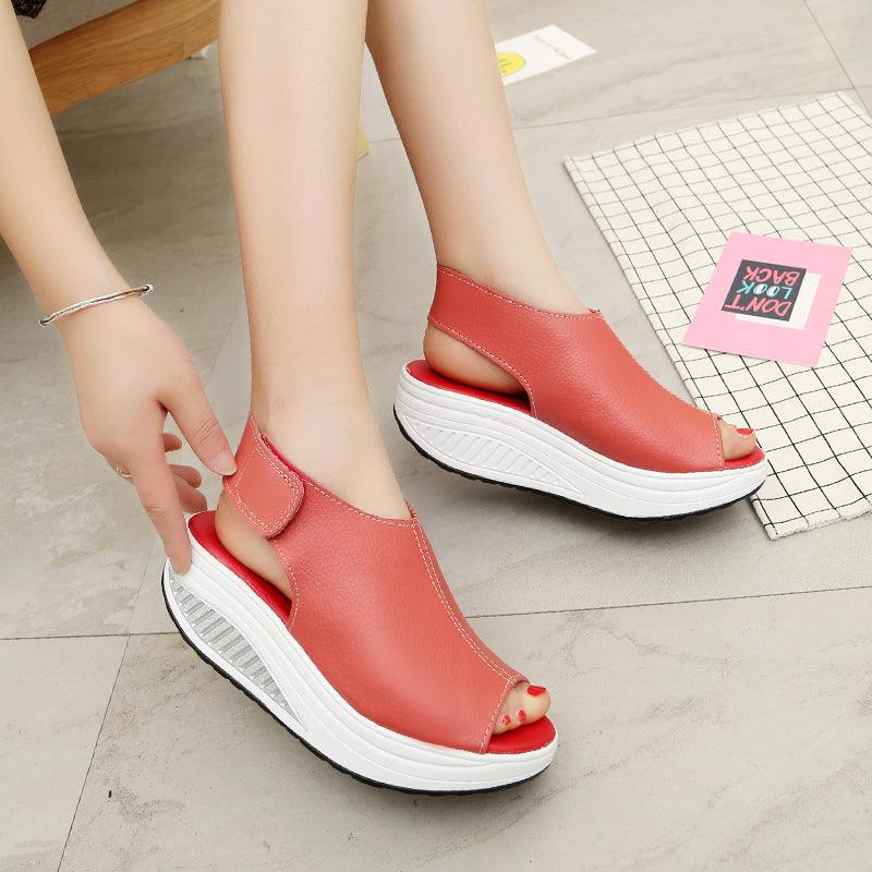 Vintage Women Platform Sandals Leather Sandals Open Toe Design Casual Women Walk Shoes Soft PU Leather Vintage Summer Casual Non-Slip Beach Platform Shoes Sandals
