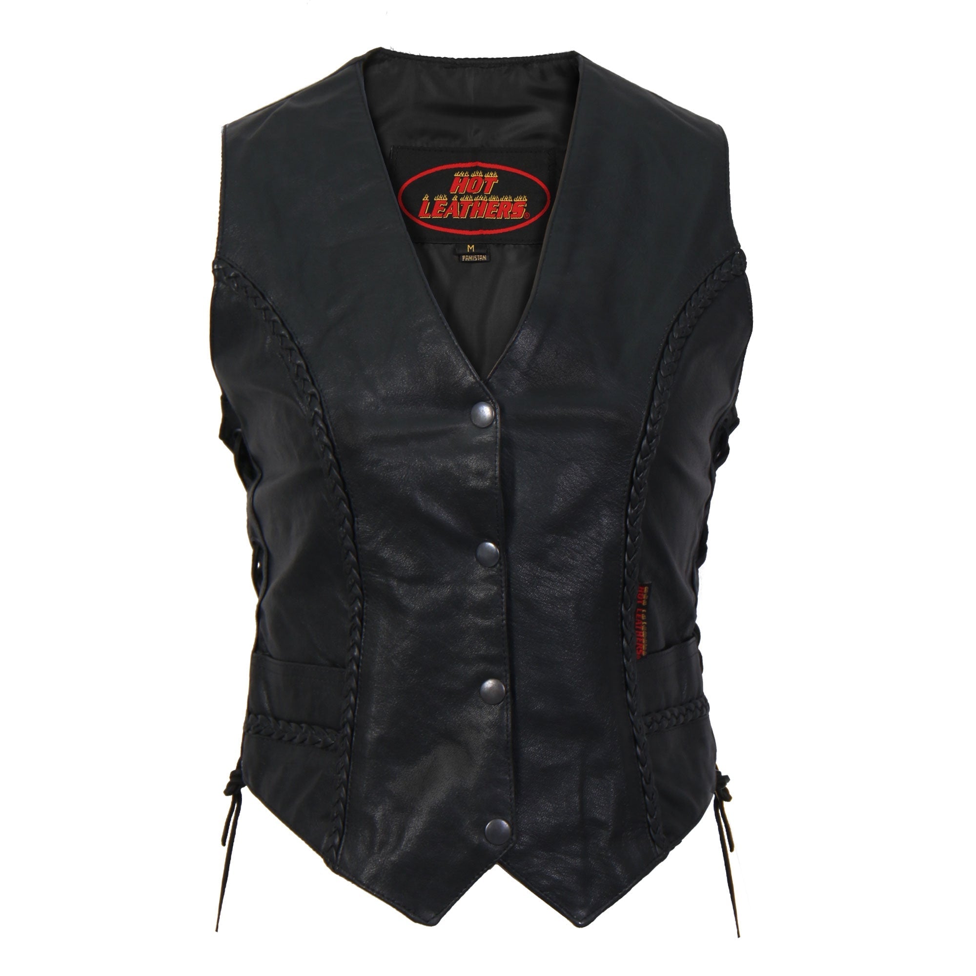 VSL1006 Ladies Motorcycle Black Leather Braided Biker Vest