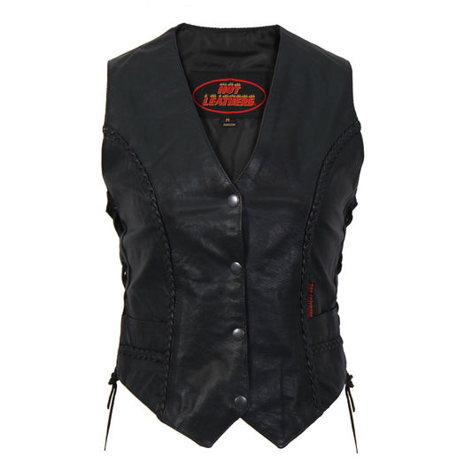 VSL1006 Ladies Motorcycle Black Leather Braided Biker Vest