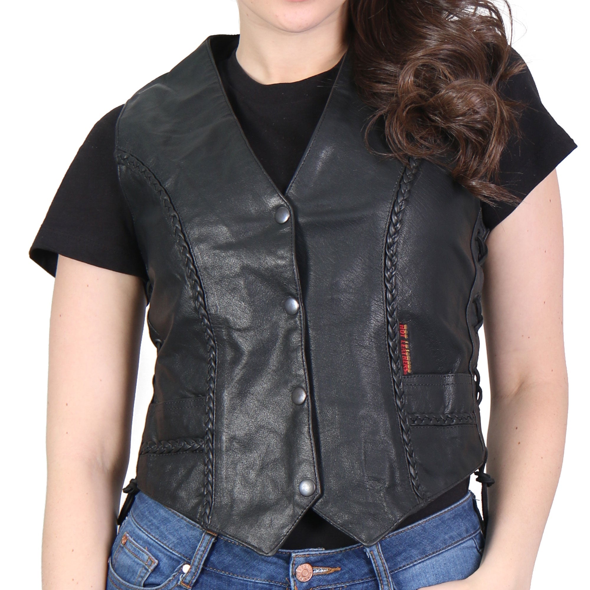 VSL1006 Ladies Motorcycle Black Leather Braided Biker Vest