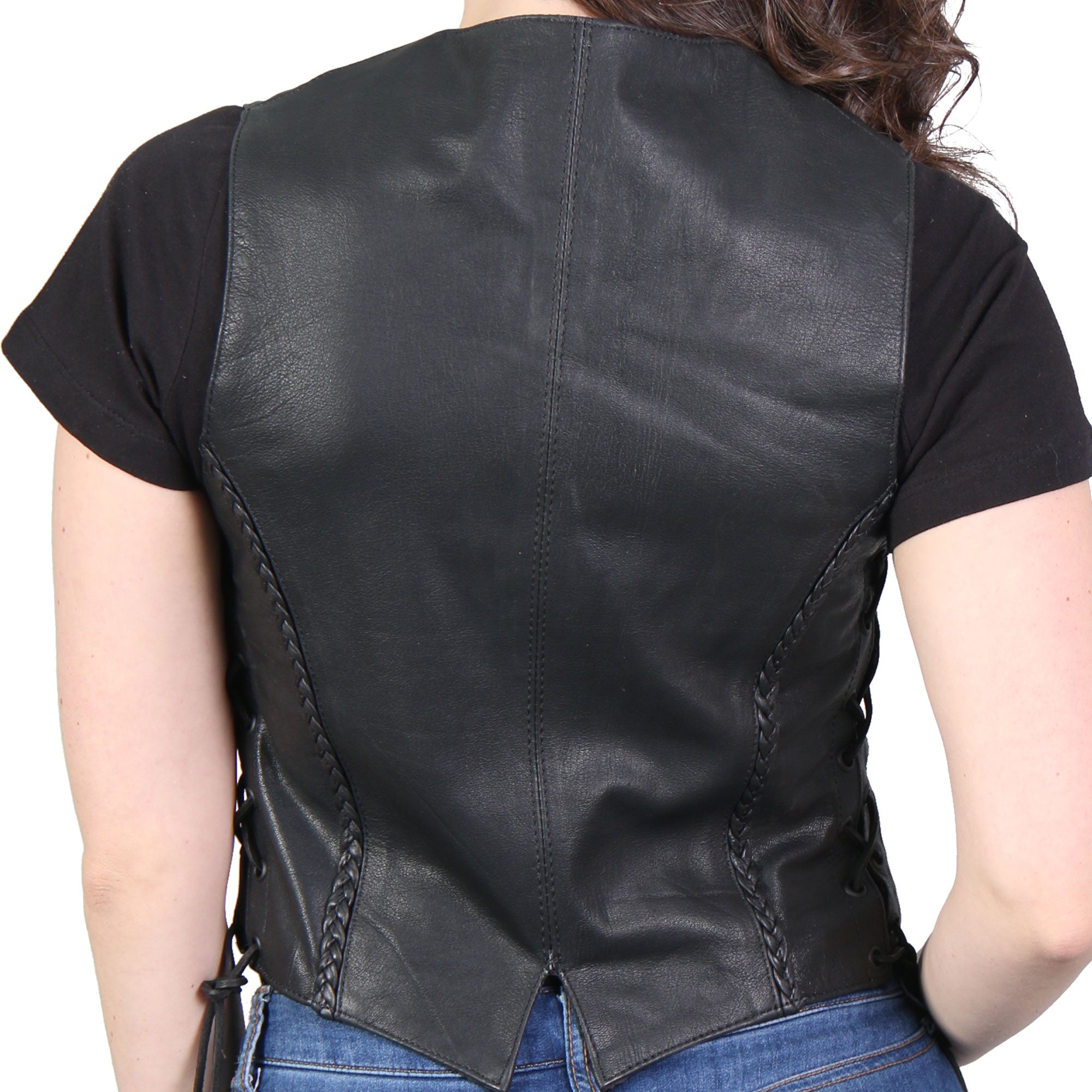 VSL1006 Ladies Motorcycle Black Leather Braided Biker Vest