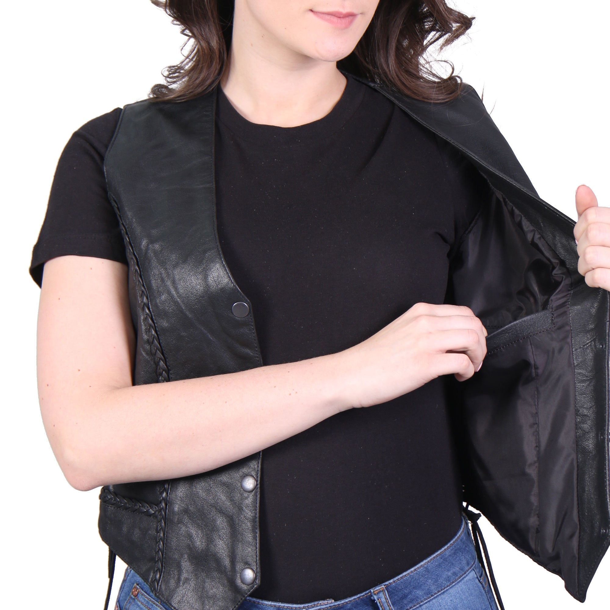 VSL1006 Ladies Motorcycle Black Leather Braided Biker Vest