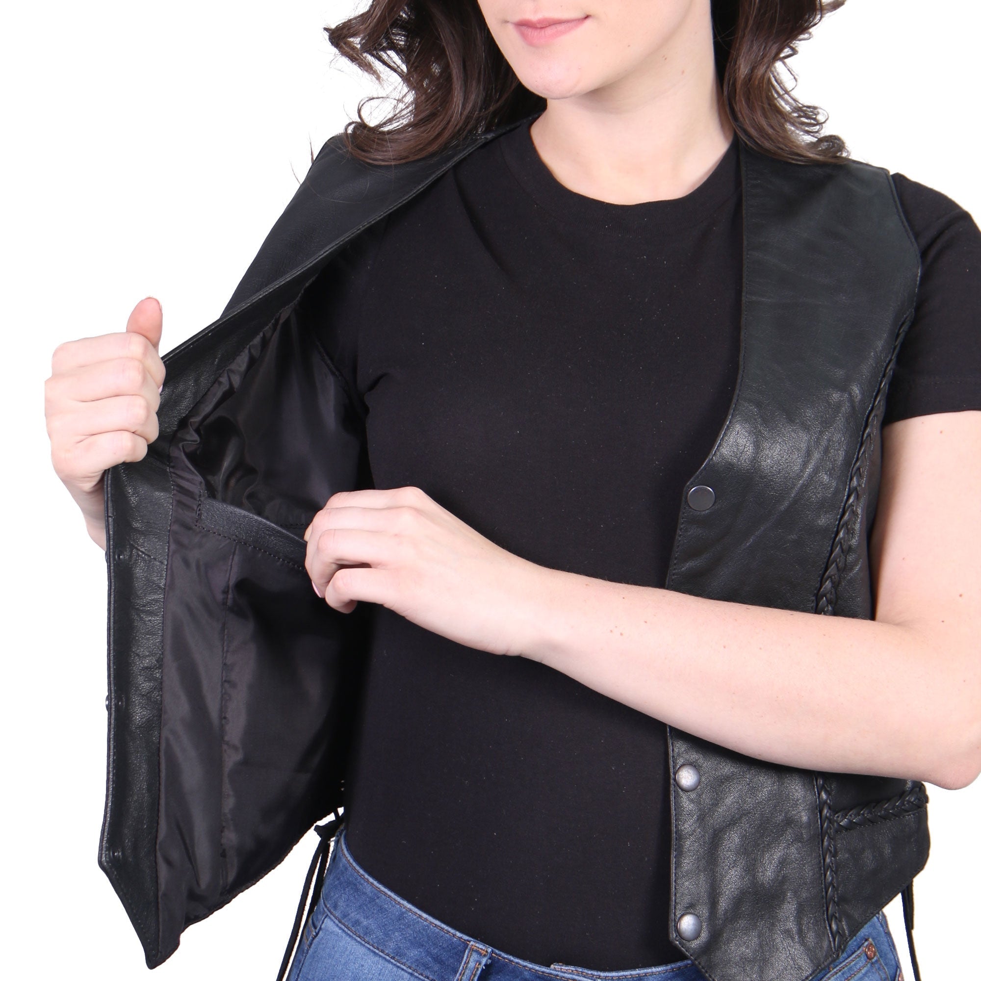 VSL1006 Ladies Motorcycle Black Leather Braided Biker Vest
