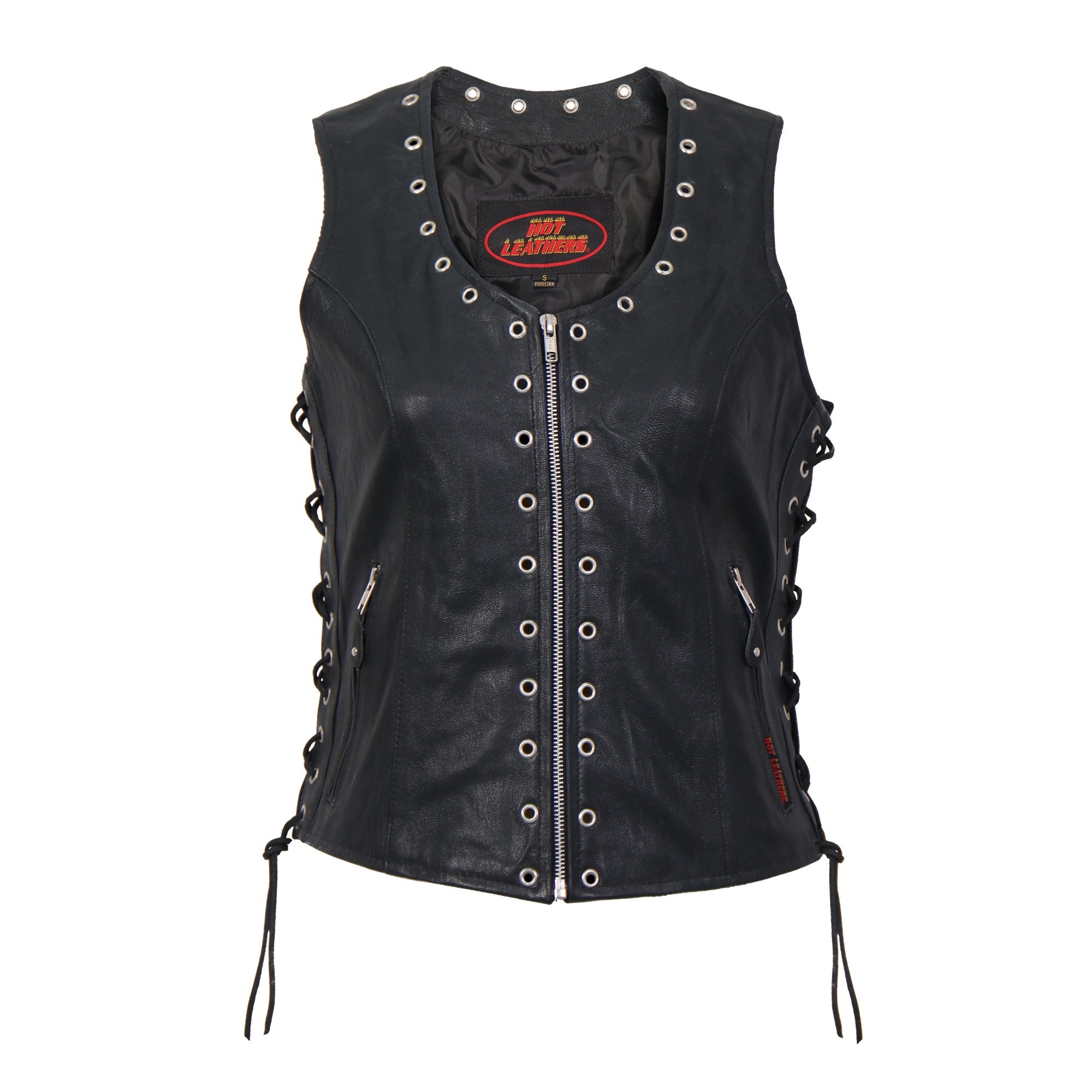 VSL1009 Ladies Black Lambskin Motorcycle Biker Vest with Grommet Accents
