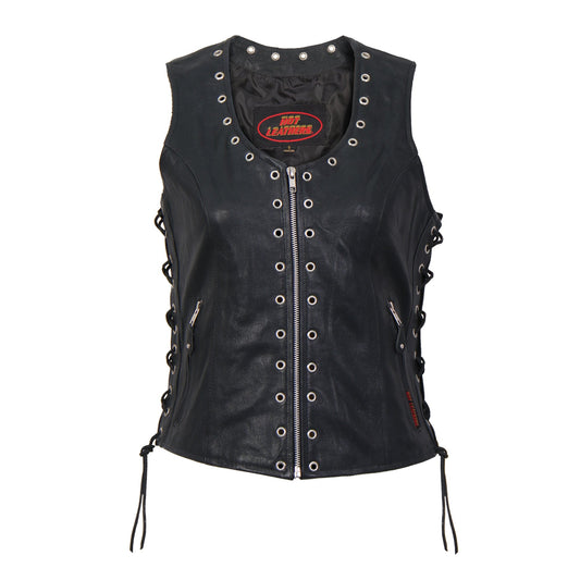 VSL1009 Ladies Black Lambskin Motorcycle Biker Vest with Grommet Accents