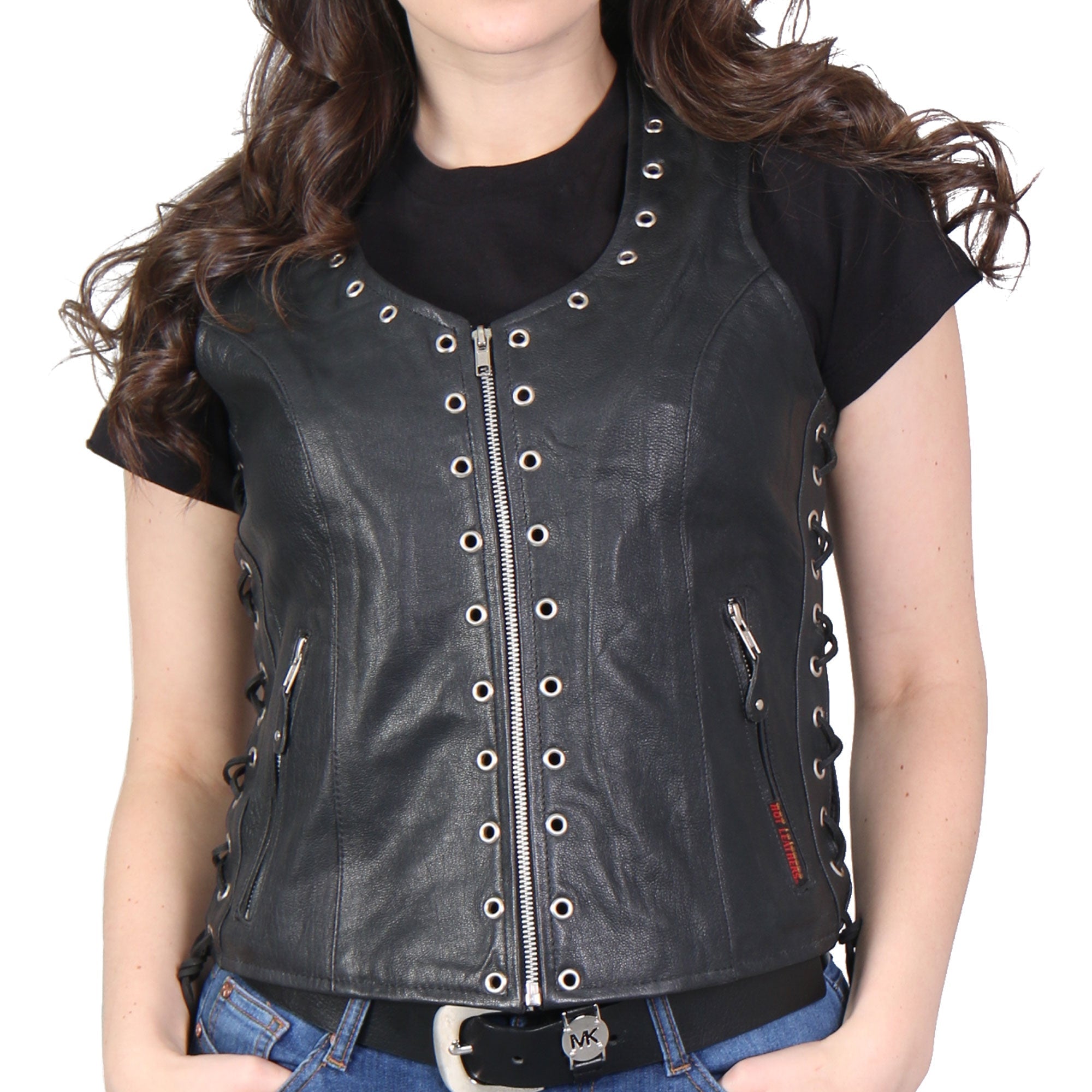 VSL1009 Ladies Black Lambskin Motorcycle Biker Vest with Grommet Accents