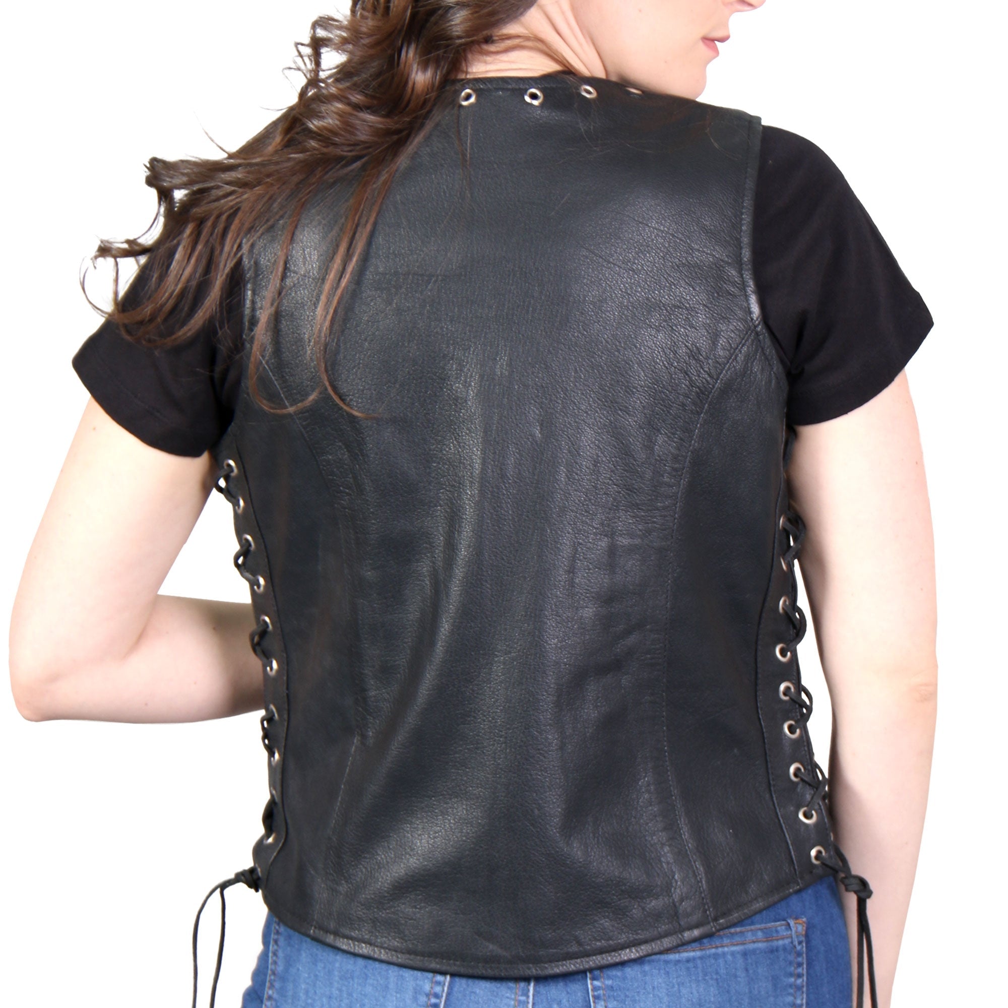 VSL1009 Ladies Black Lambskin Motorcycle Biker Vest with Grommet Accents