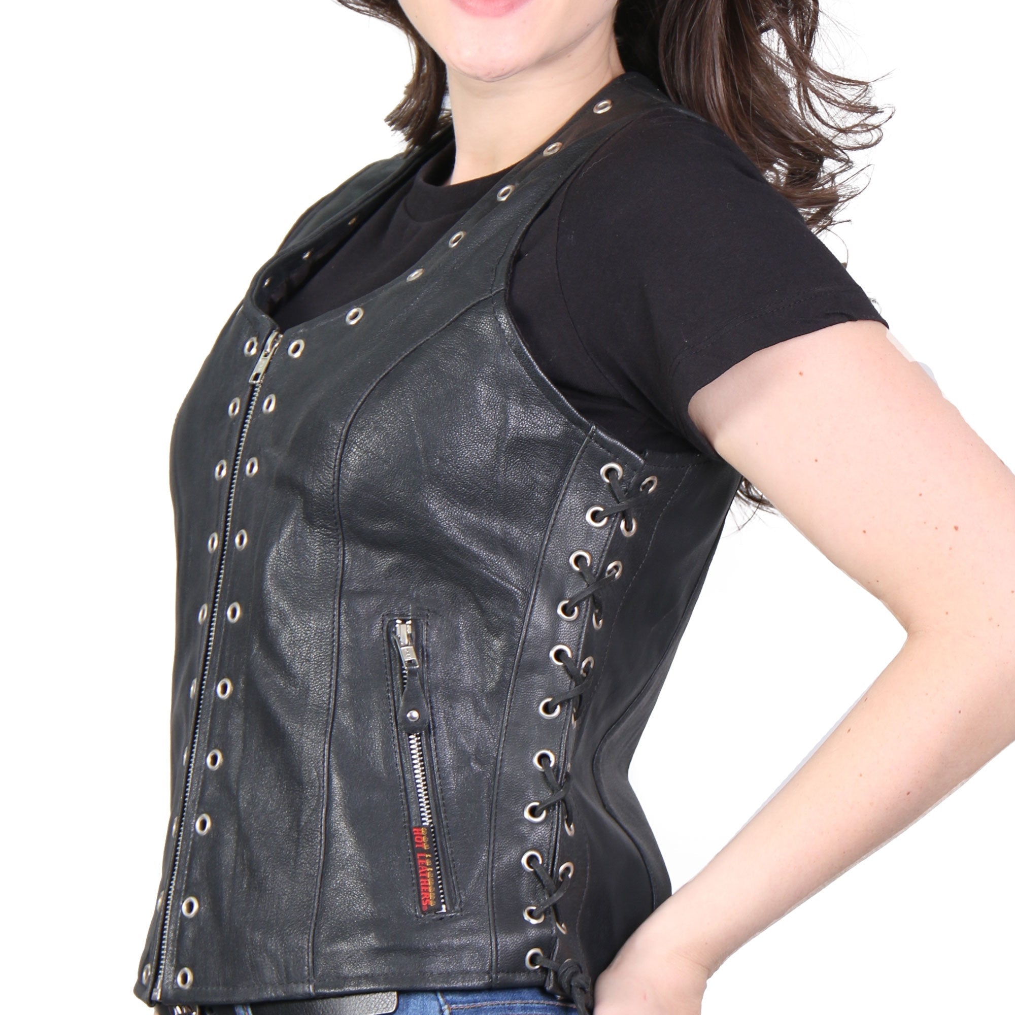 VSL1009 Ladies Black Lambskin Motorcycle Biker Vest with Grommet Accents