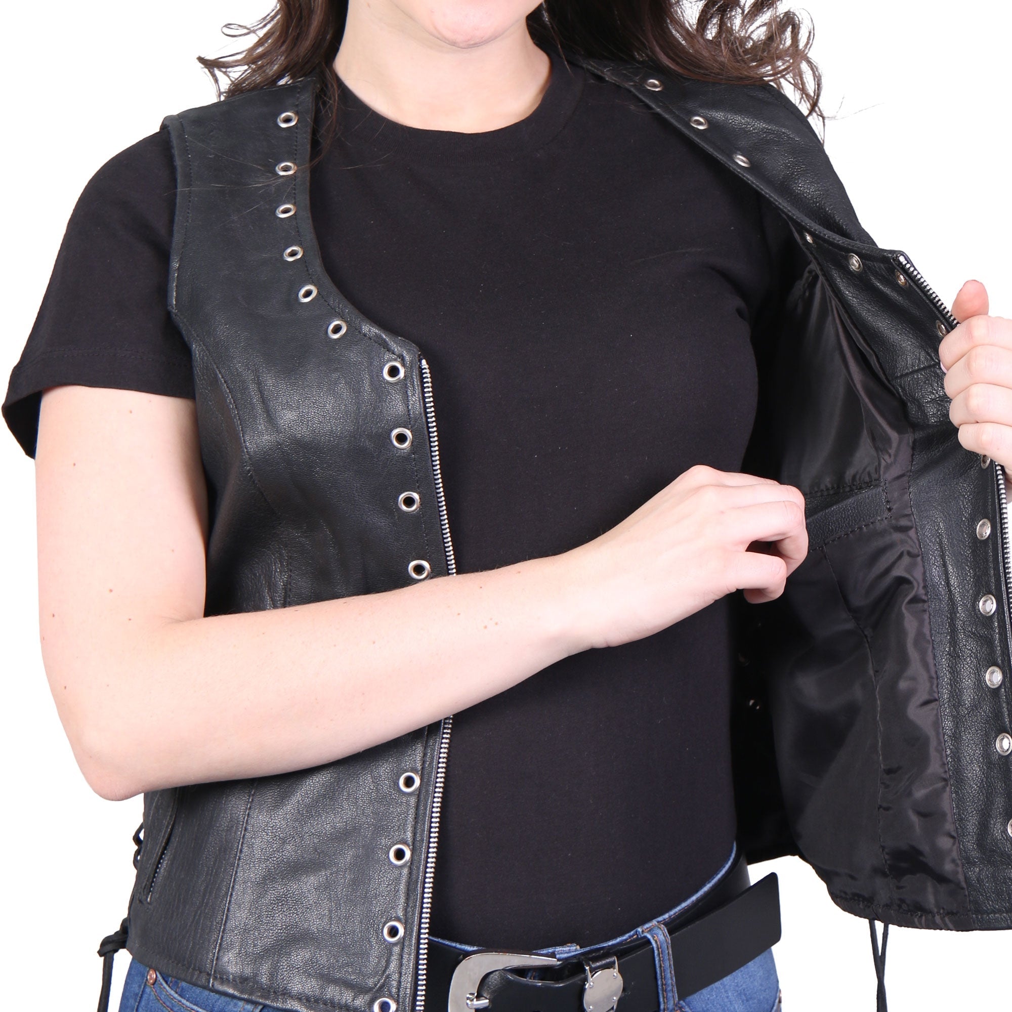 VSL1009 Ladies Black Lambskin Motorcycle Biker Vest with Grommet Accents