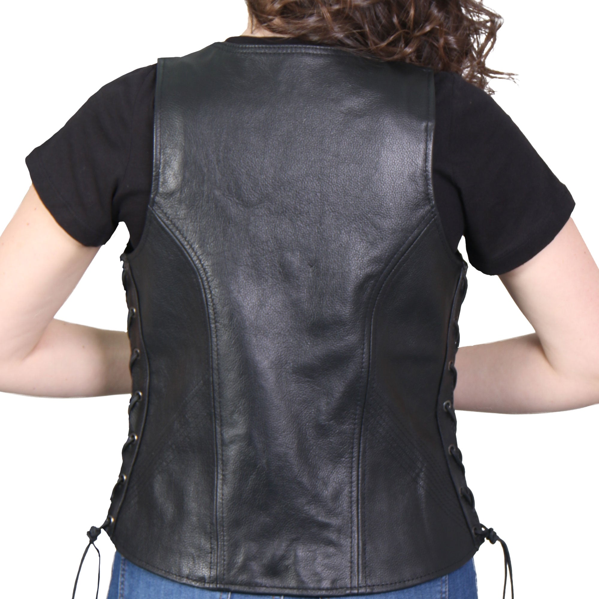 VSL1010 Ladies Motorcycle Black Lambskin Side Lace Biker Vest
