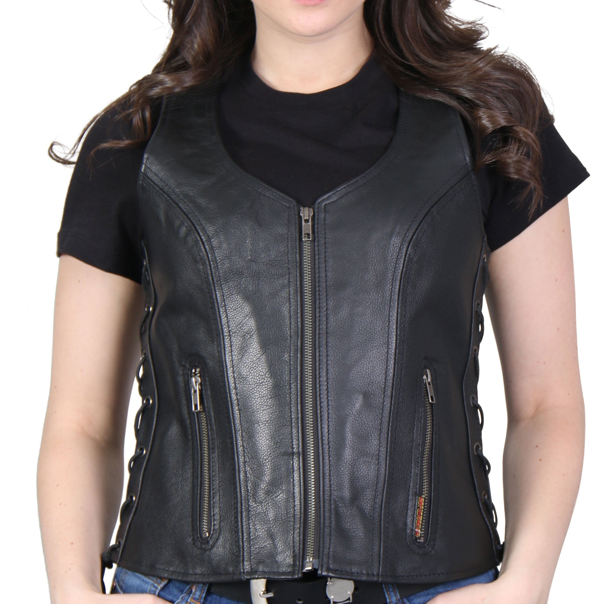 VSL1013 Ladies motorcycle style Black Leather Side Lace Zip-Up Biker Vest