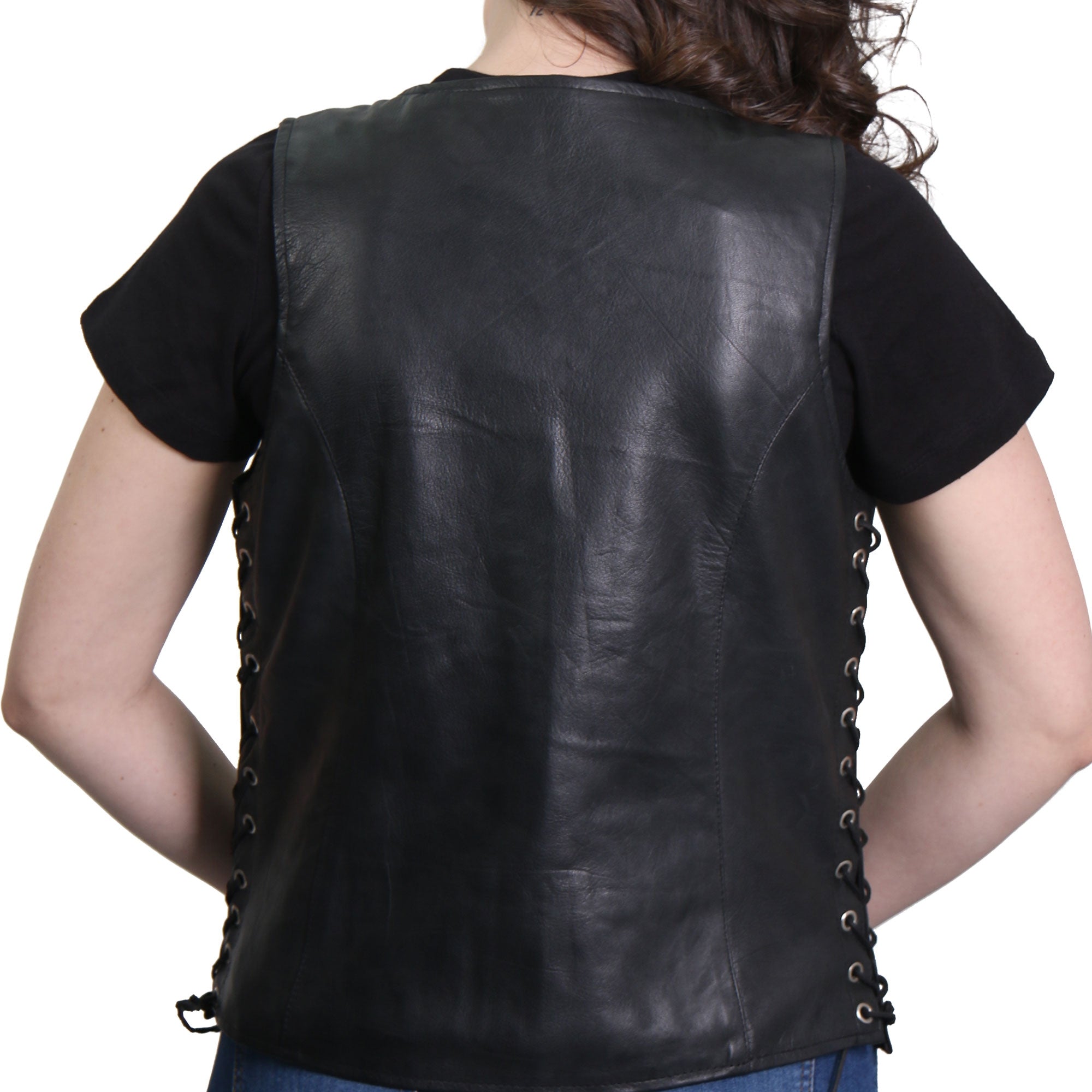 VSL1013 Ladies motorcycle style Black Leather Side Lace Zip-Up Biker Vest