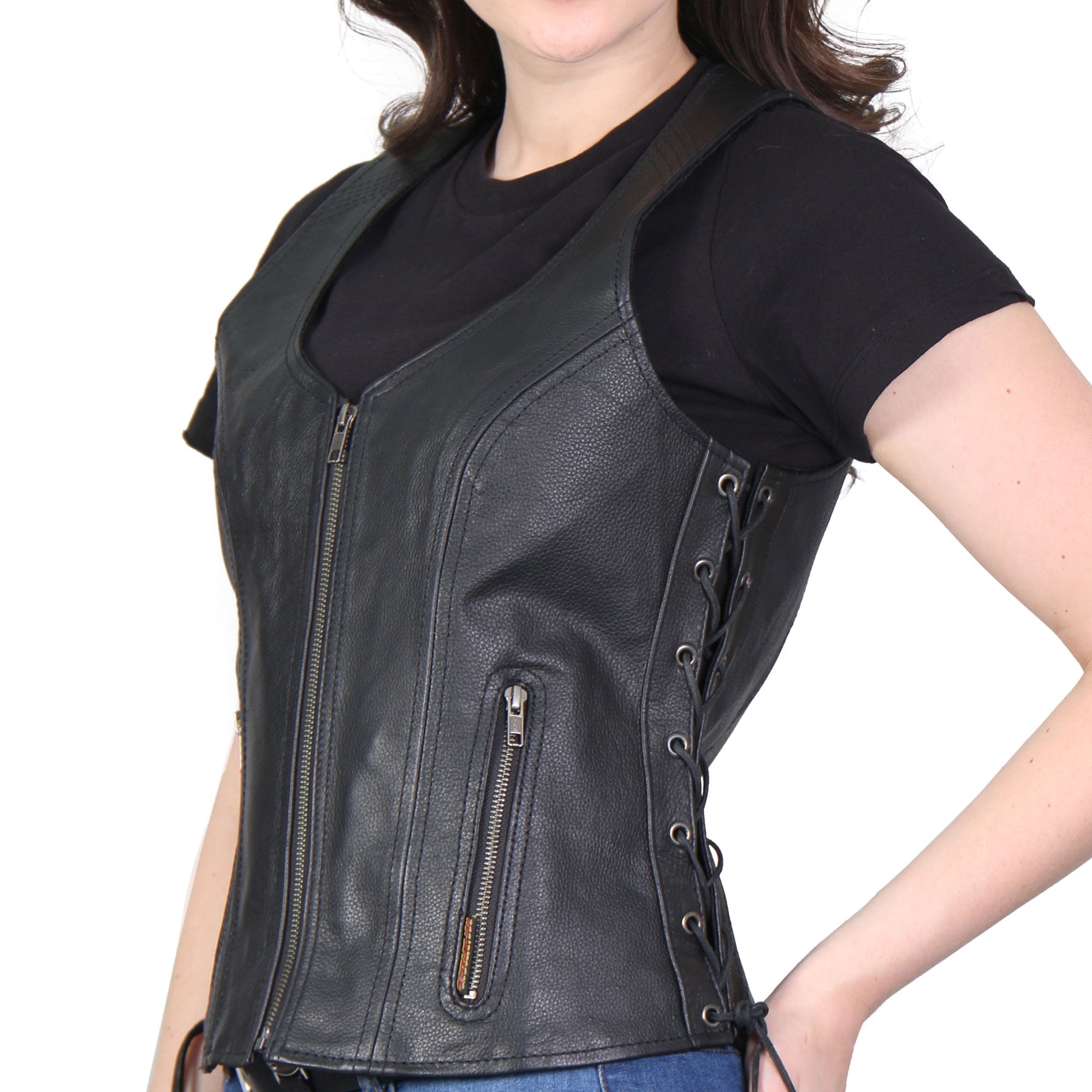 VSL1013 Ladies motorcycle style Black Leather Side Lace Zip-Up Biker Vest