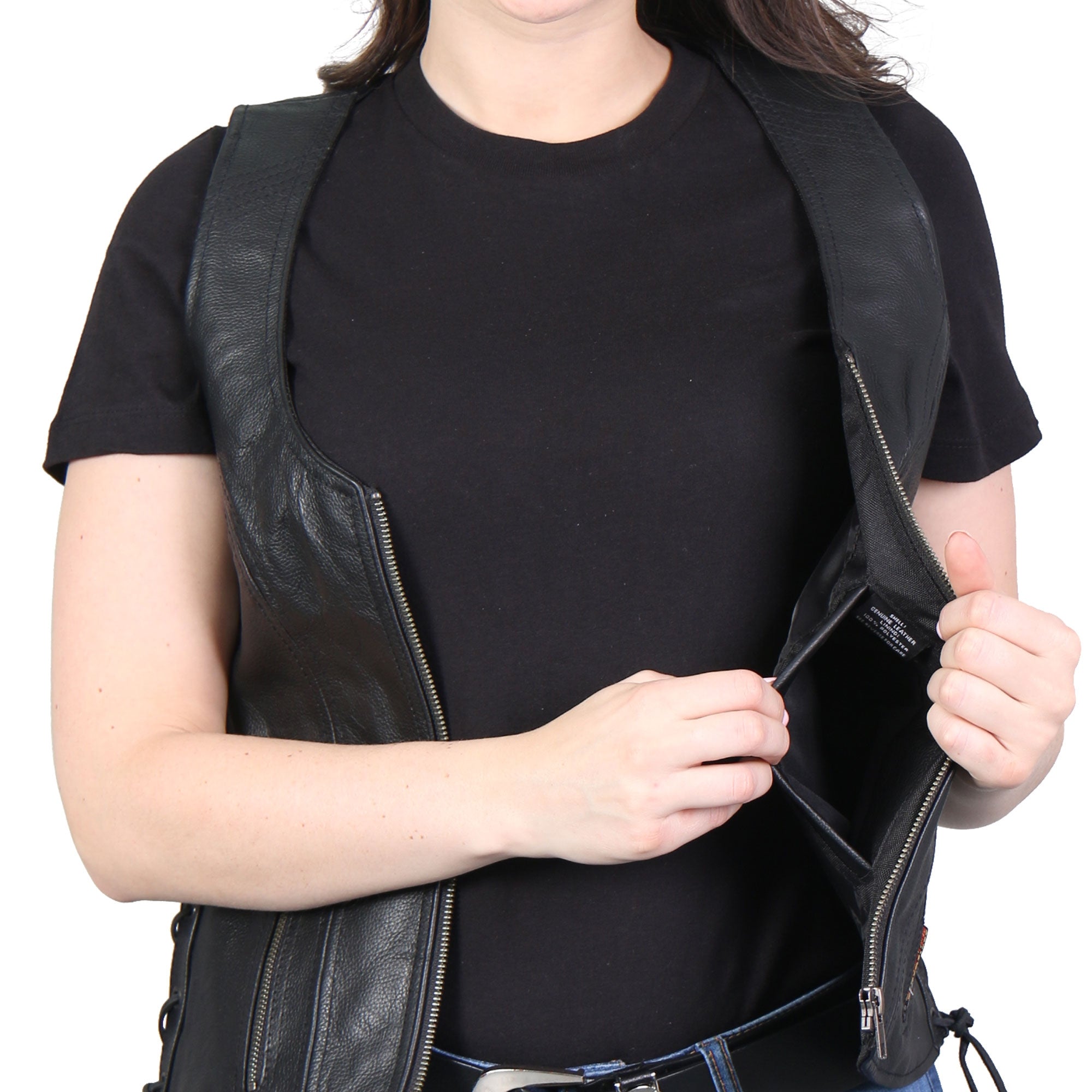 VSL1013 Ladies motorcycle style Black Leather Side Lace Zip-Up Biker Vest
