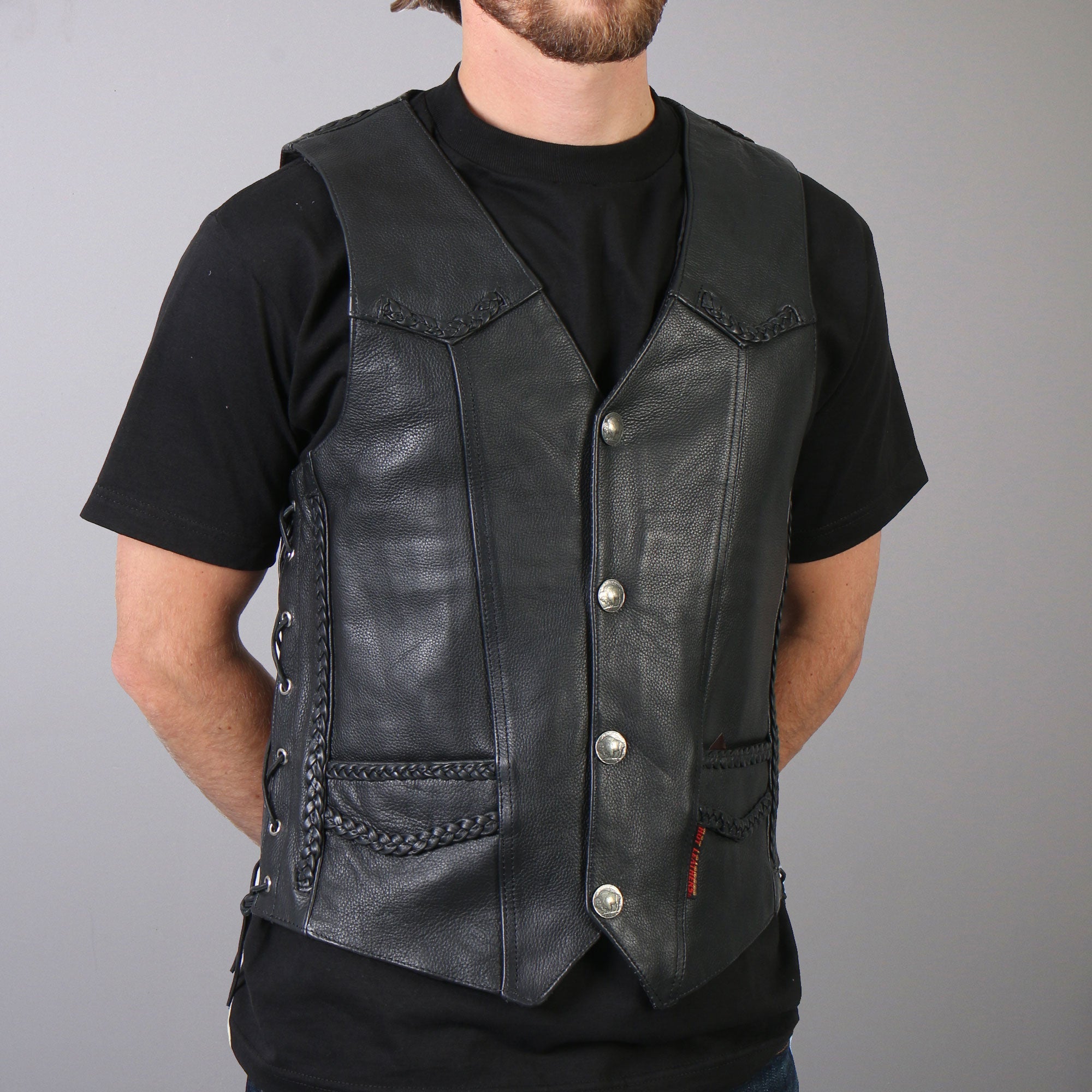 VSM1008 Men's Motorcycle Black 'Buffalo Nickel Snap' Leather Biker Vest