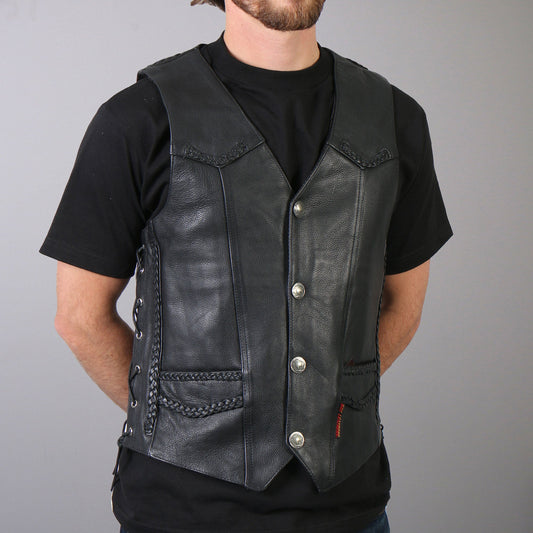 VSM1008 Men's Motorcycle Black 'Buffalo Nickel Snap' Leather Biker Vest