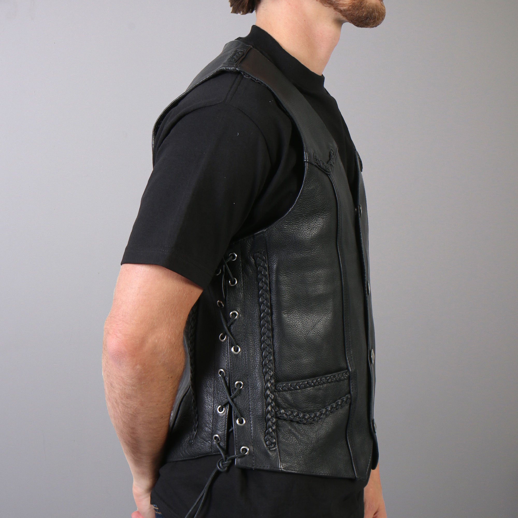 VSM1008 Men's Motorcycle Black 'Buffalo Nickel Snap' Leather Biker Vest