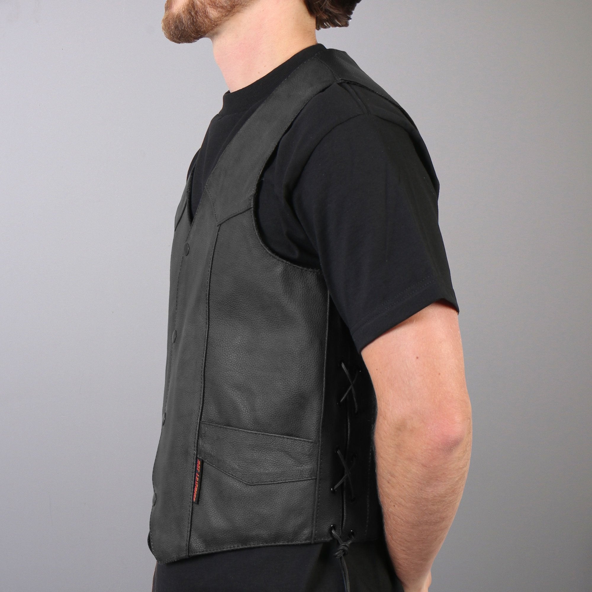 VSM1015 Men's Black Heavyweight Motorcycle style Leather Biker Vest with Side Laces