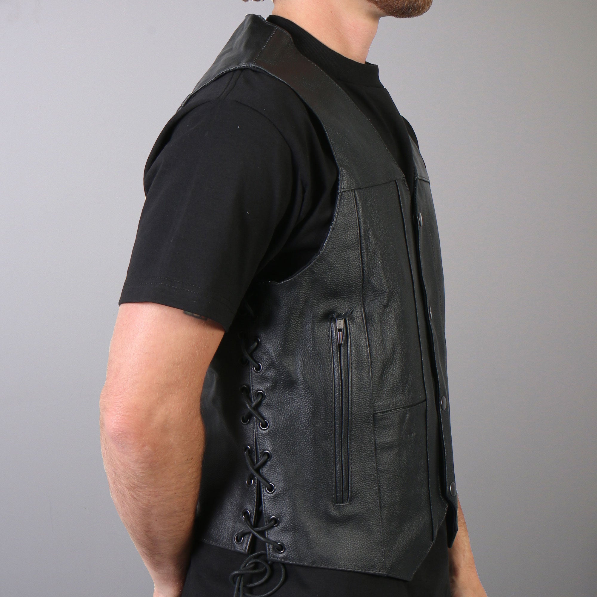 VSM1017 Men's Motorcycle Black '10 Pocket' Leather Biker Vest with Side Laces