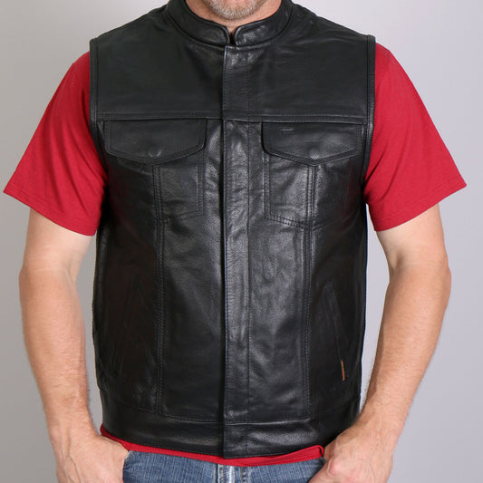 Men's Motorcycle Black '10 Pocket' Club style Cowhide Leather Biker Vest VSM1018