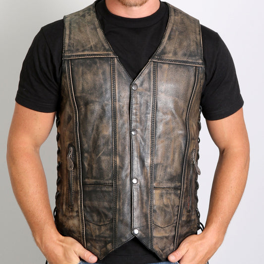 VSM1029 Men's Distressed Brown Motorcycle 10 Pocket 'Conceal and Carry' Leather Biker Vest