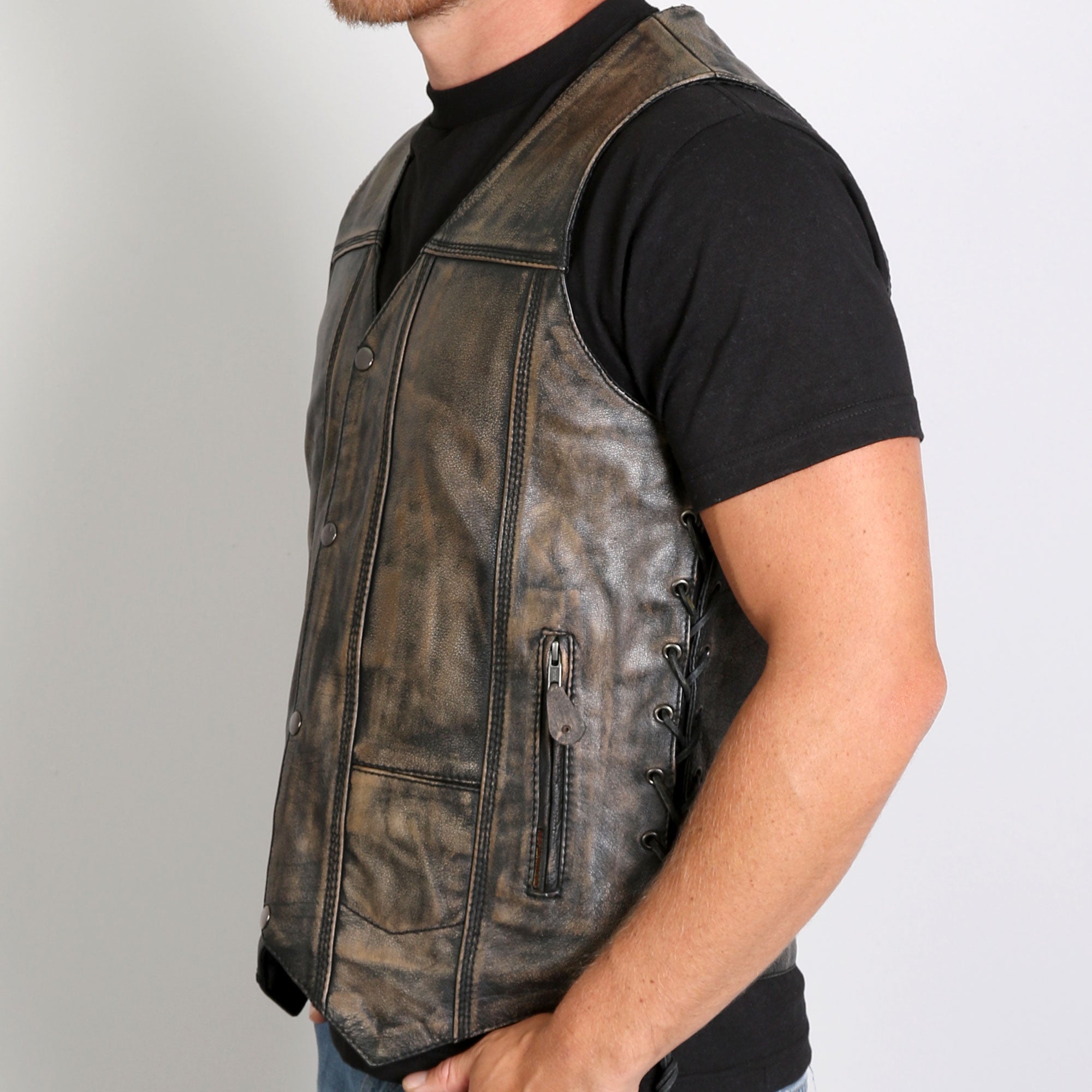 VSM1029 Men's Distressed Brown Motorcycle 10 Pocket 'Conceal and Carry' Leather Biker Vest